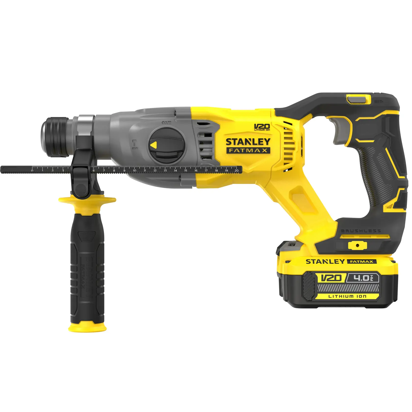 STANLEY SBH900M2K-B3, SBH900M2K, SBH900M2K-B2, SBH900M2K-AR martillo rotativo amarillo inalámbrico, vista lateral, fondo