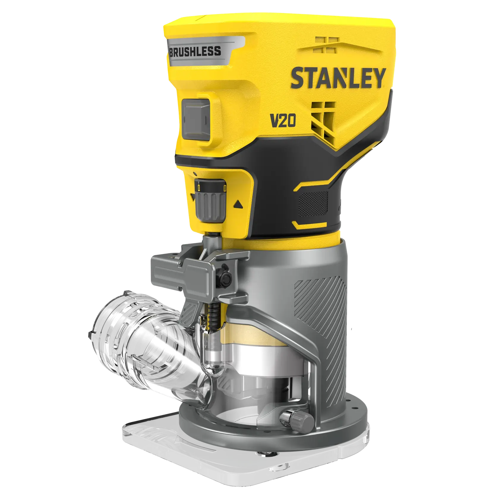 Foto del router inalámbrico STANLEY SFMCW400B, amarillo y negro, vista frontal sobre fondo blanco.