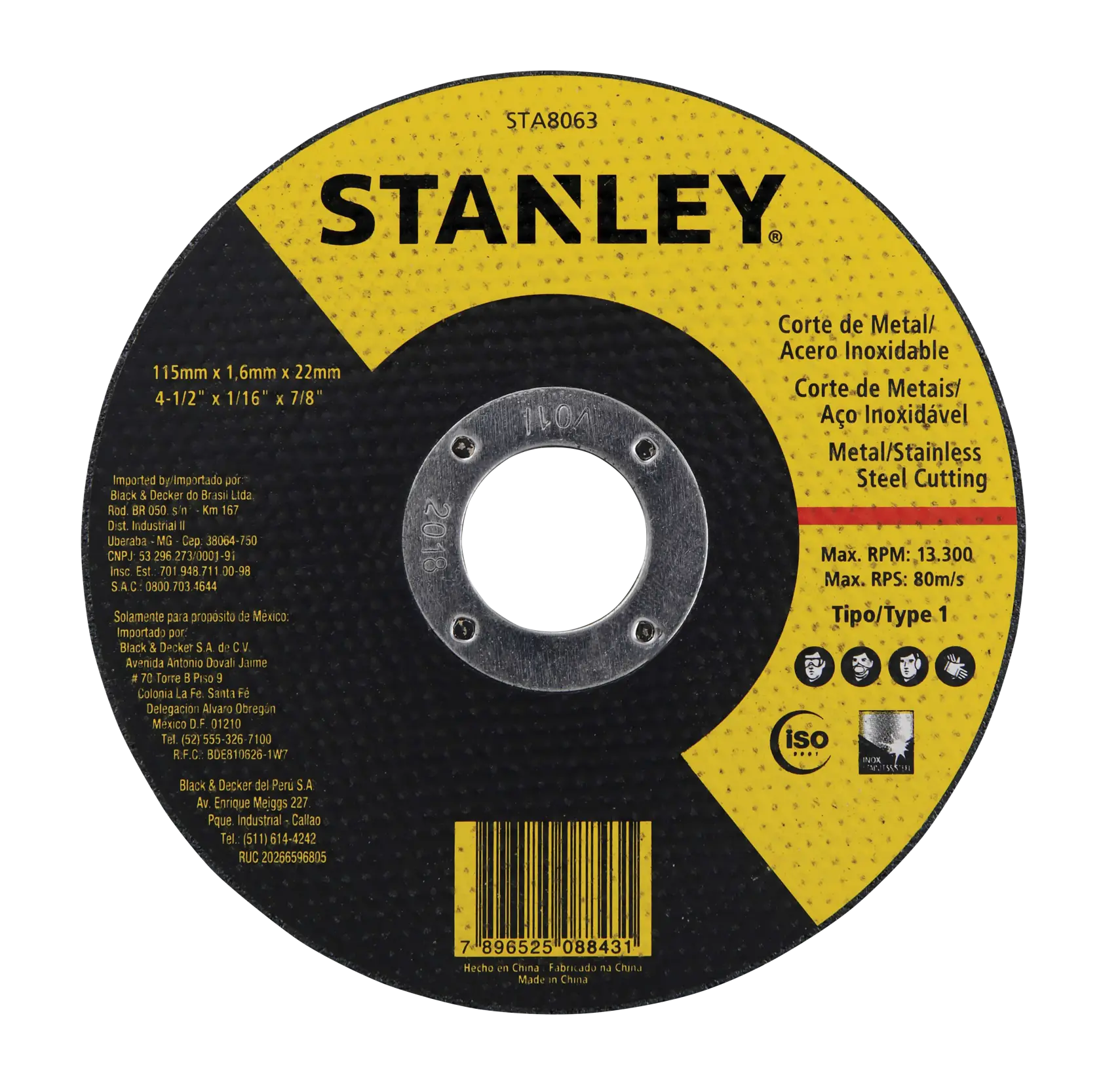 STANLEY STA8063 disco de corte para metal y acero inoxidable, negro y amarillo, ángulo frontal, fotografía.