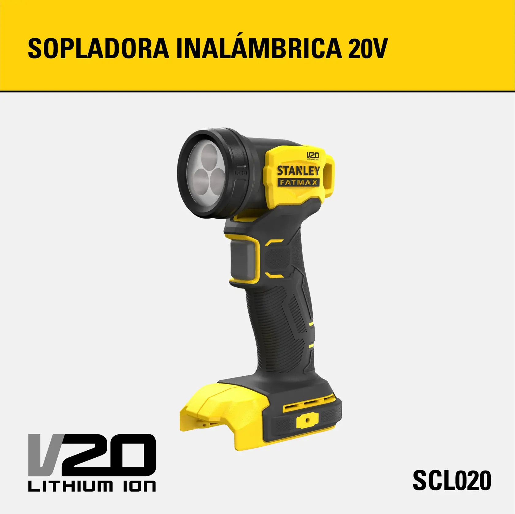 Imagen promocional de una sopladora inalámbrica STANLEY FATMAX V20 20V, que muestra un dispositivo de mano en negro y amarillo con agarre ergonómico. Modelo SCL020. La imagen también muestra 'Lithium Ion' y la marca del producto.