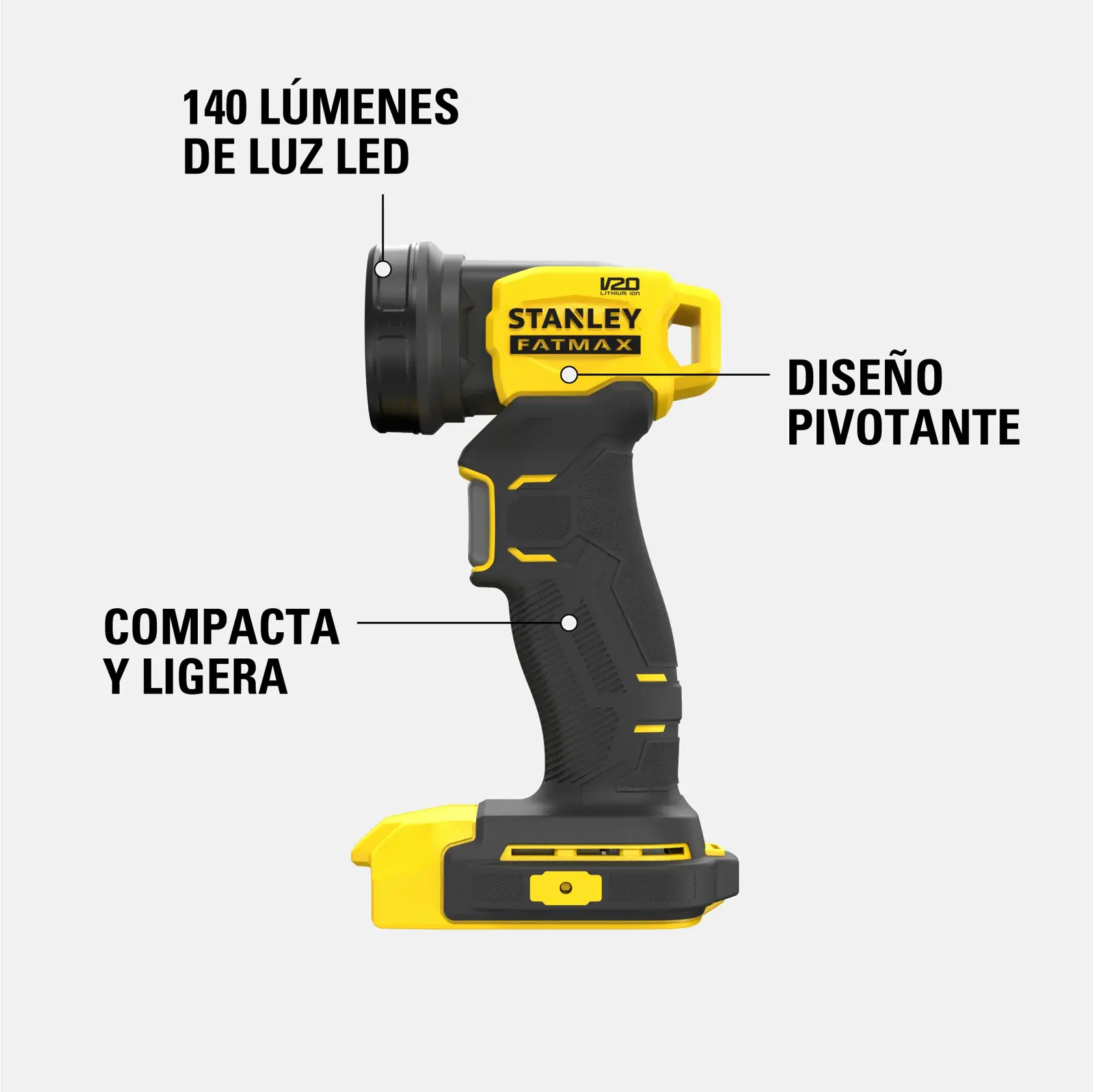 Vista lateral de una lámpara de trabajo LED inalámbrica Stanley Fatmax V20, que muestra su diseño compacto y ligero. La lámpara ofrece 140 lúmenes de luz LED y cabezal pivotante.