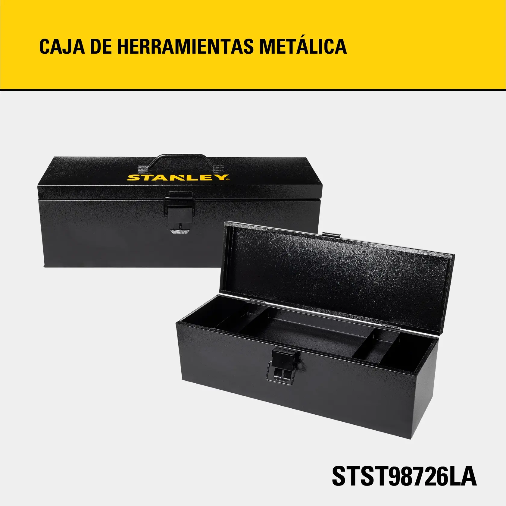 Imagen que muestra una caja de herramientas metálica STANLEY, vista cerrada y abierta. La caja es negra con el logotipo STANLEY en amarillo en la tapa. Aparece el modelo STST98726LA.