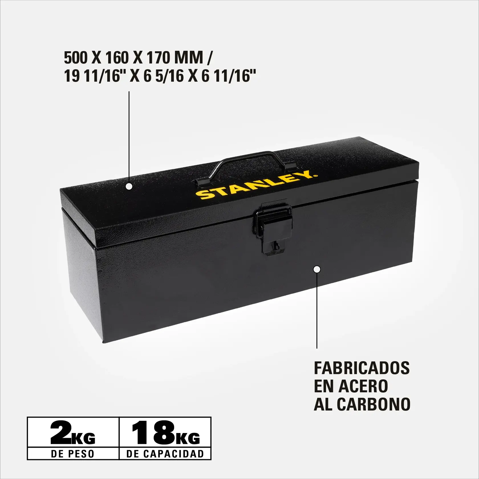 Caja de herramientas de metal negra con asa y cierre, marca STANLEY en amarillo en la tapa. Las dimensiones son 500 x 160 x 170 mm (19 11/16" x 6 5/16" x 6 11/16"). Fabricada en acero al carbono. Peso de 2 kg y capacidad de carga de 18 kg.