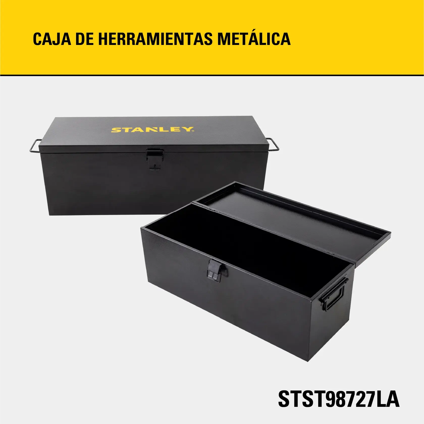 Imagen de una caja de herramientas metálica negra con asas en ambos extremos y la palabra 'STANLEY' impresa en amarillo en la tapa. Una caja está cerrada y otra está abierta mostrando el interior. El fondo es gris claro, con una banda amarilla en la parte superior con el texto 'CAJA DE HERRAMIENTAS METÁLICA' y el código 'STST98727LA' en la esquina inferior derecha.