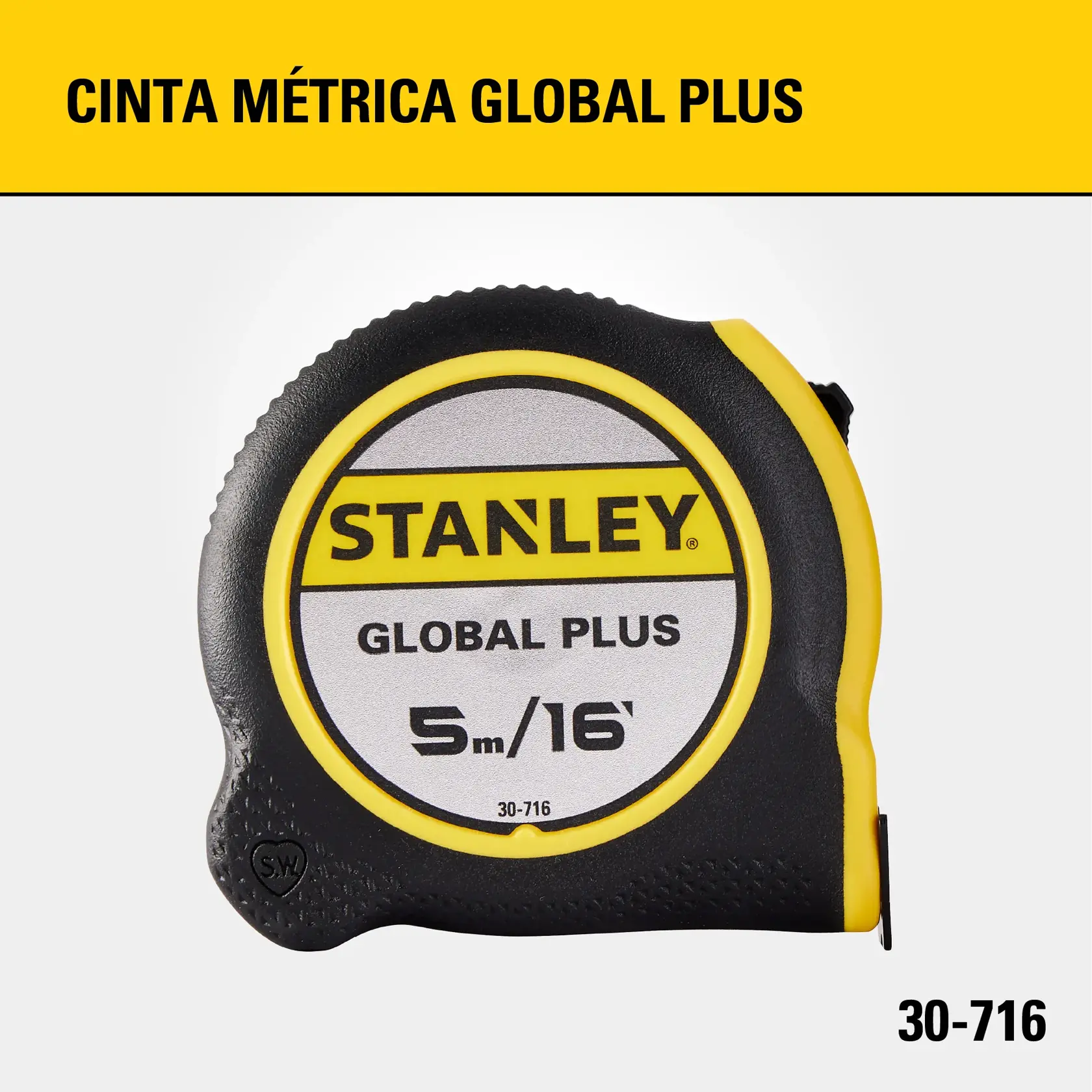 Cinta métrica Stanley Global Plus de 5 metros/16 pies, SKU 30-716. La cinta es negra y amarilla con la marca Stanley y detalles del producto en el frente.