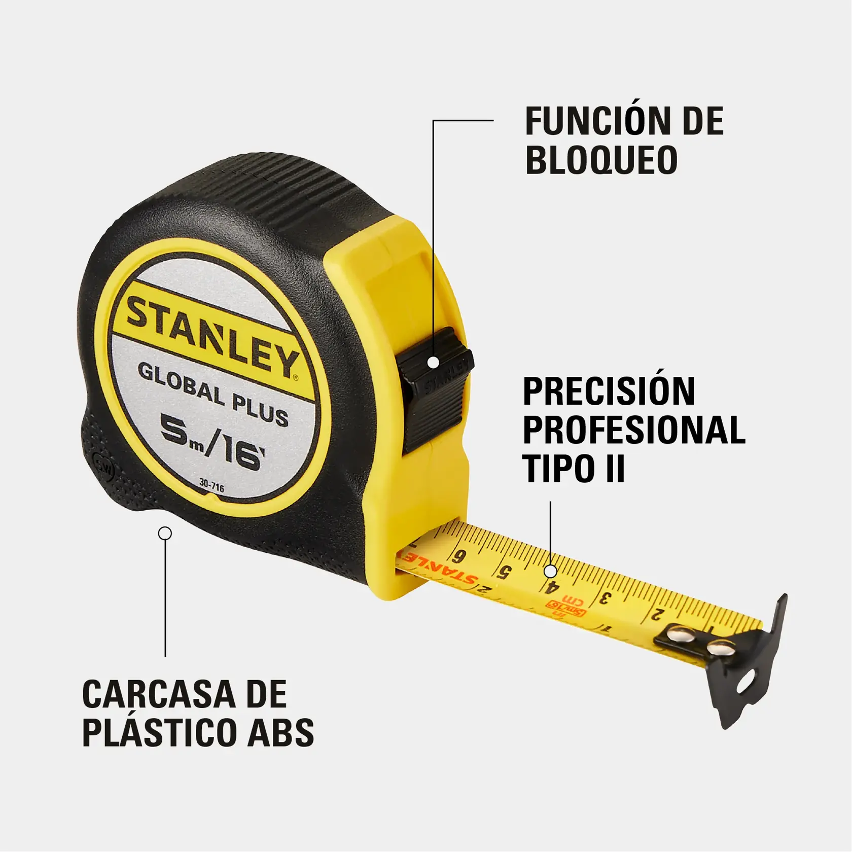 Cinta métrica Stanley Global Plus con carcasa de plástico ABS amarilla y negra, función de bloqueo y precisión profesional tipo II. La cinta está extendida mostrando las marcas de medición.