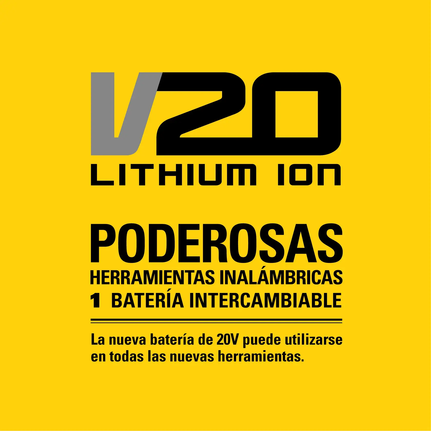 Gráficos de Stanley V20 Lithium Ion sobre un fondo amarillo, destacando herramientas inalámbricas poderosas con una batería intercambiable. Se indica que la nueva batería de 20V puede utilizarse en todas las nuevas herramientas.