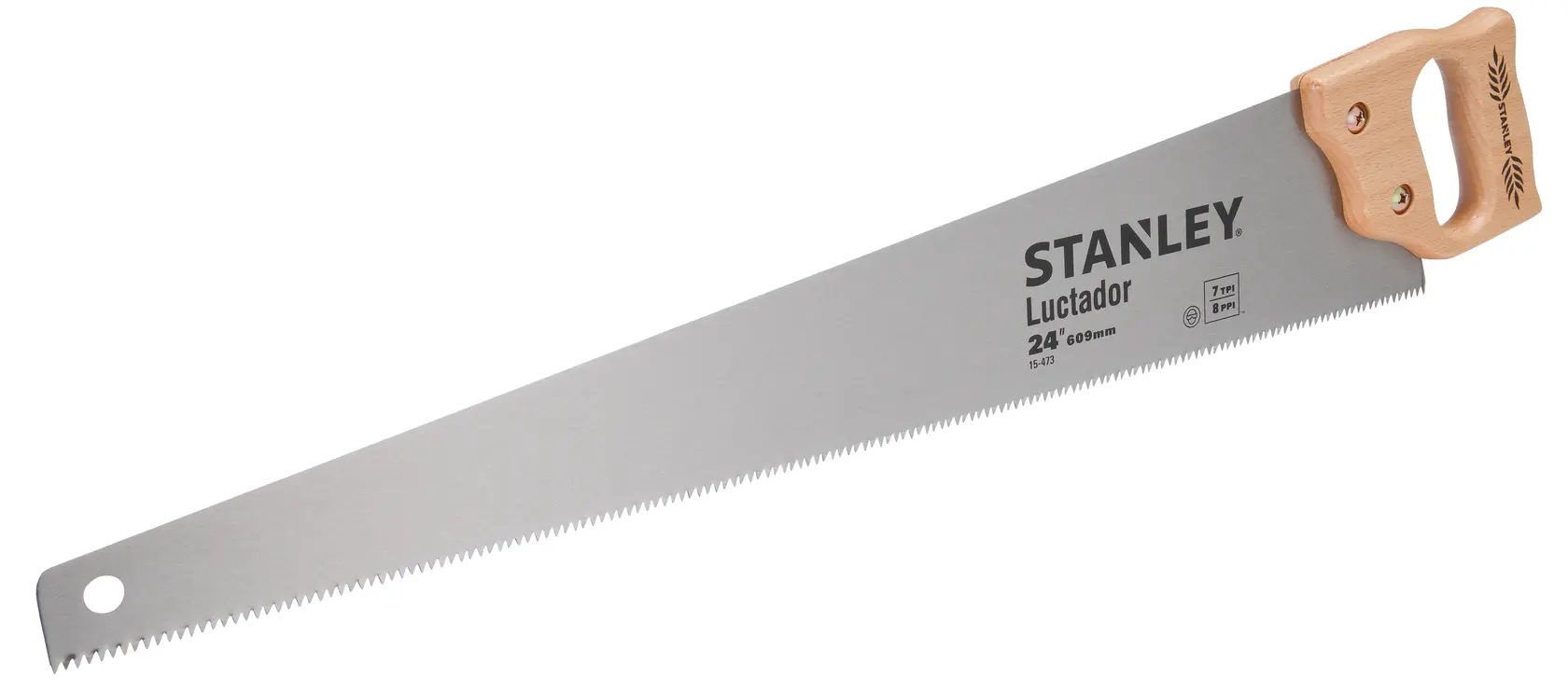 STANLEY 15-473 serrucho con mango de madera, vista lateral, hoja plateada, fotografía para categoría de producto.