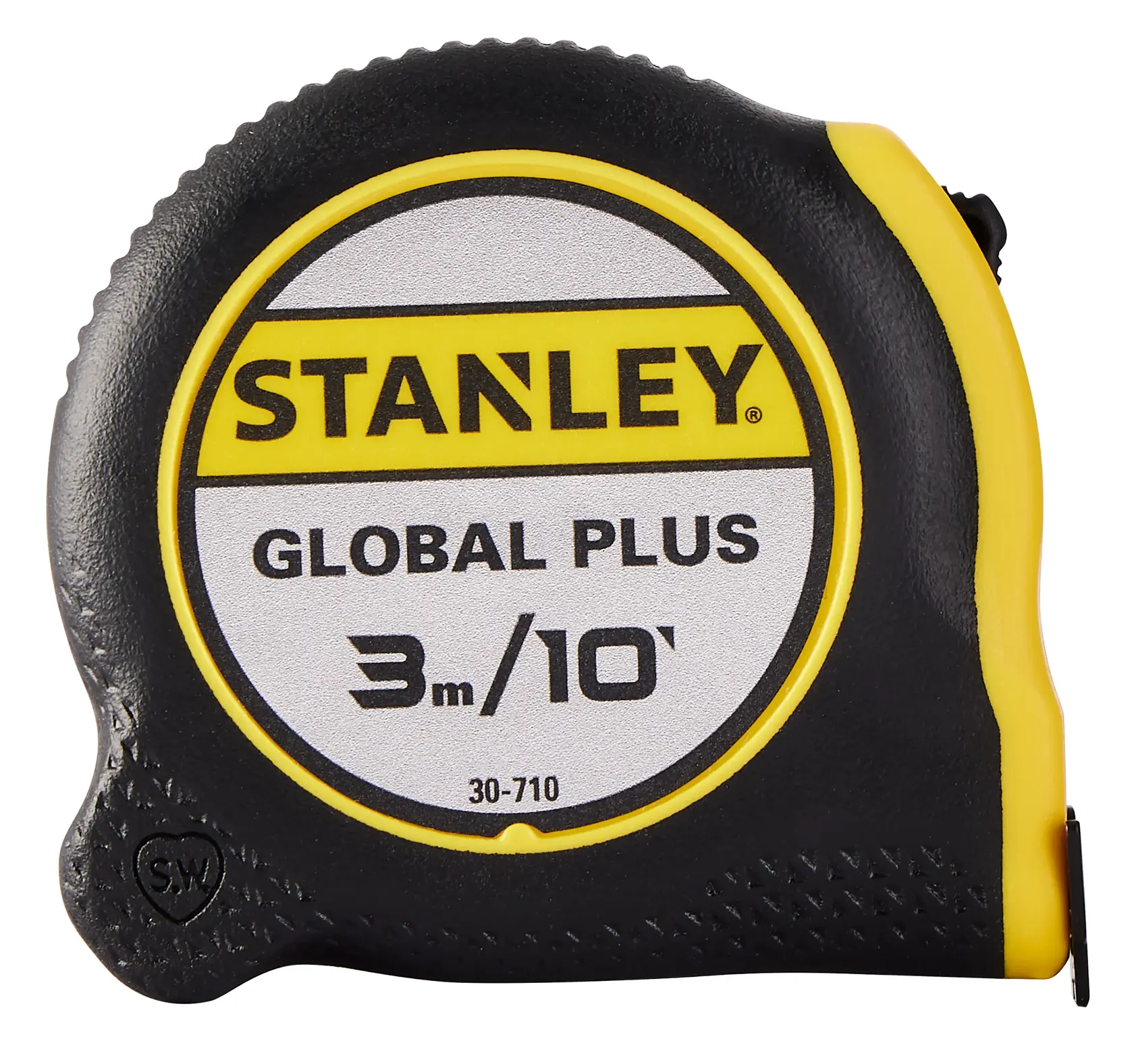 STANLEY 30-710 cinta métrica, 3 metros o 10 pies, carcasa negra y amarilla, vista frontal, herramienta manual.