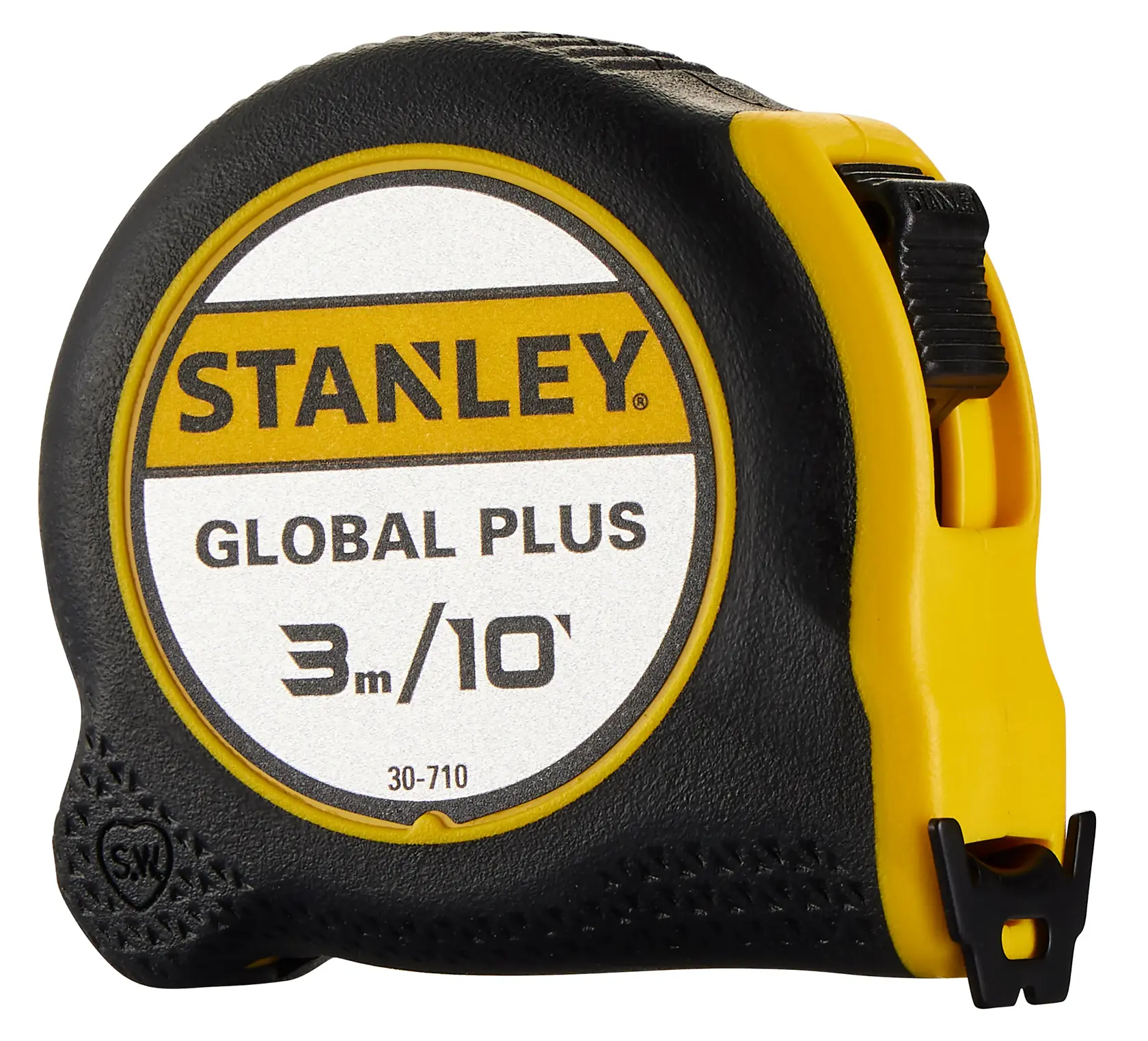 Cinta métrica STANLEY 30-710, 3 metros, cuerpo negro y amarillo, ángulo frontal sobre fondo blanco.