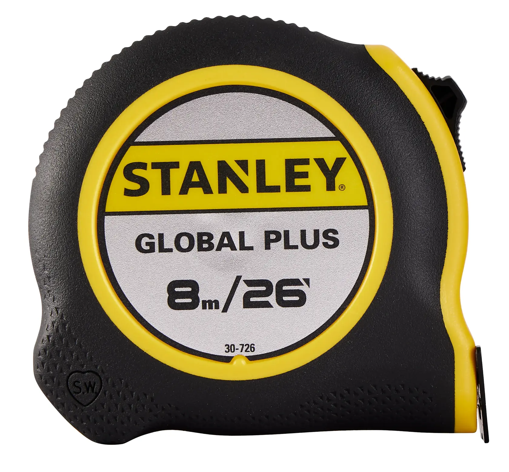 Fotografía de STANLEY 30-726 cinta métrica, carcasa negra y amarilla, GLOBAL PLUS, 8m/26ft, vista frontal.