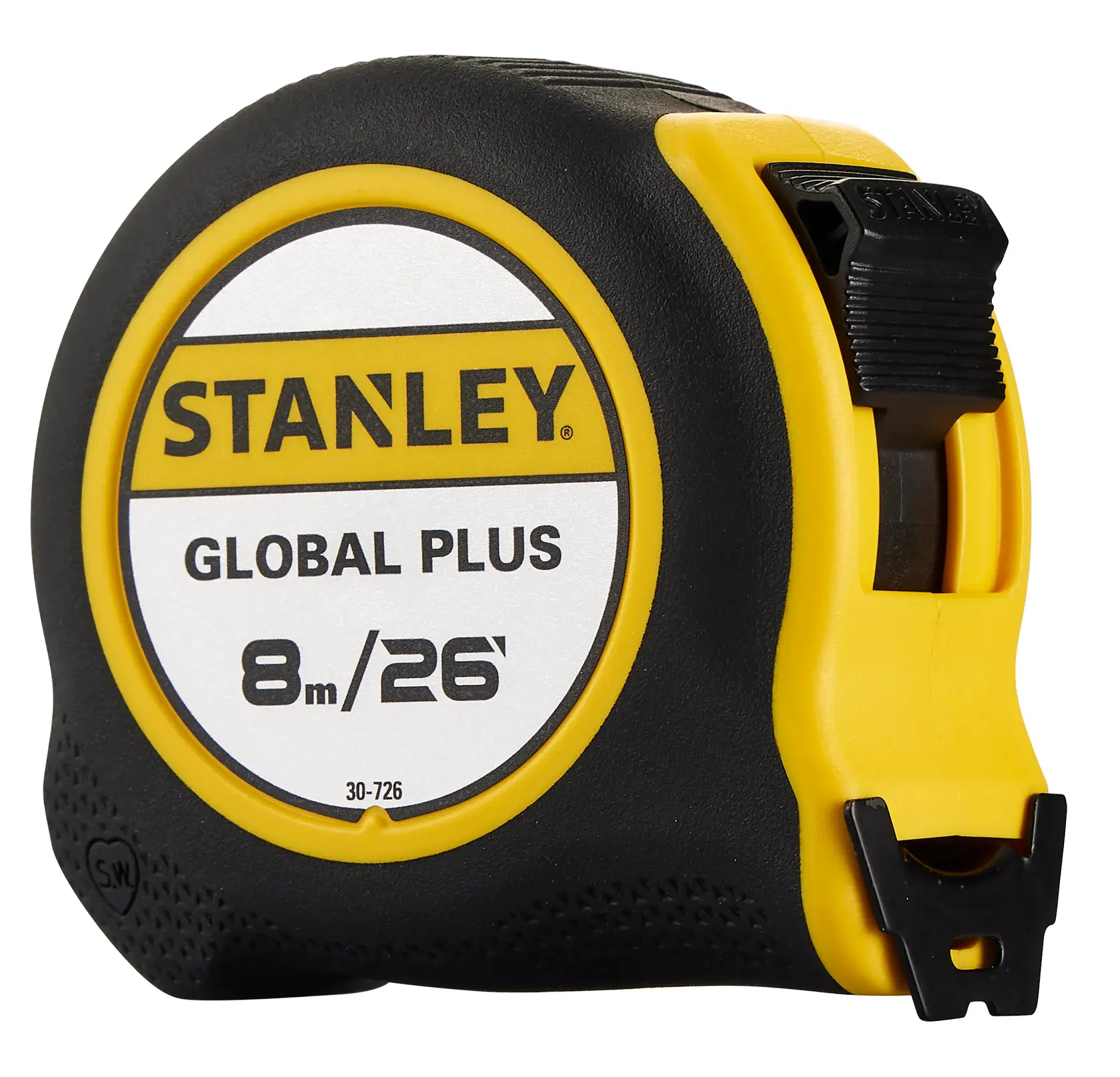 Cinta métrica STANLEY 30-726, negra y amarilla, 8m/26ft, ángulo frontal, etiqueta Global Plus visible.