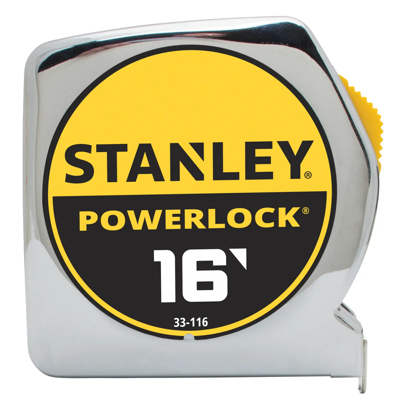 Vista frontal de la cinta métrica STANLEY PowerLock de 16 pies con carcasa cromada y etiqueta amarilla/negra sobre fondo blanco