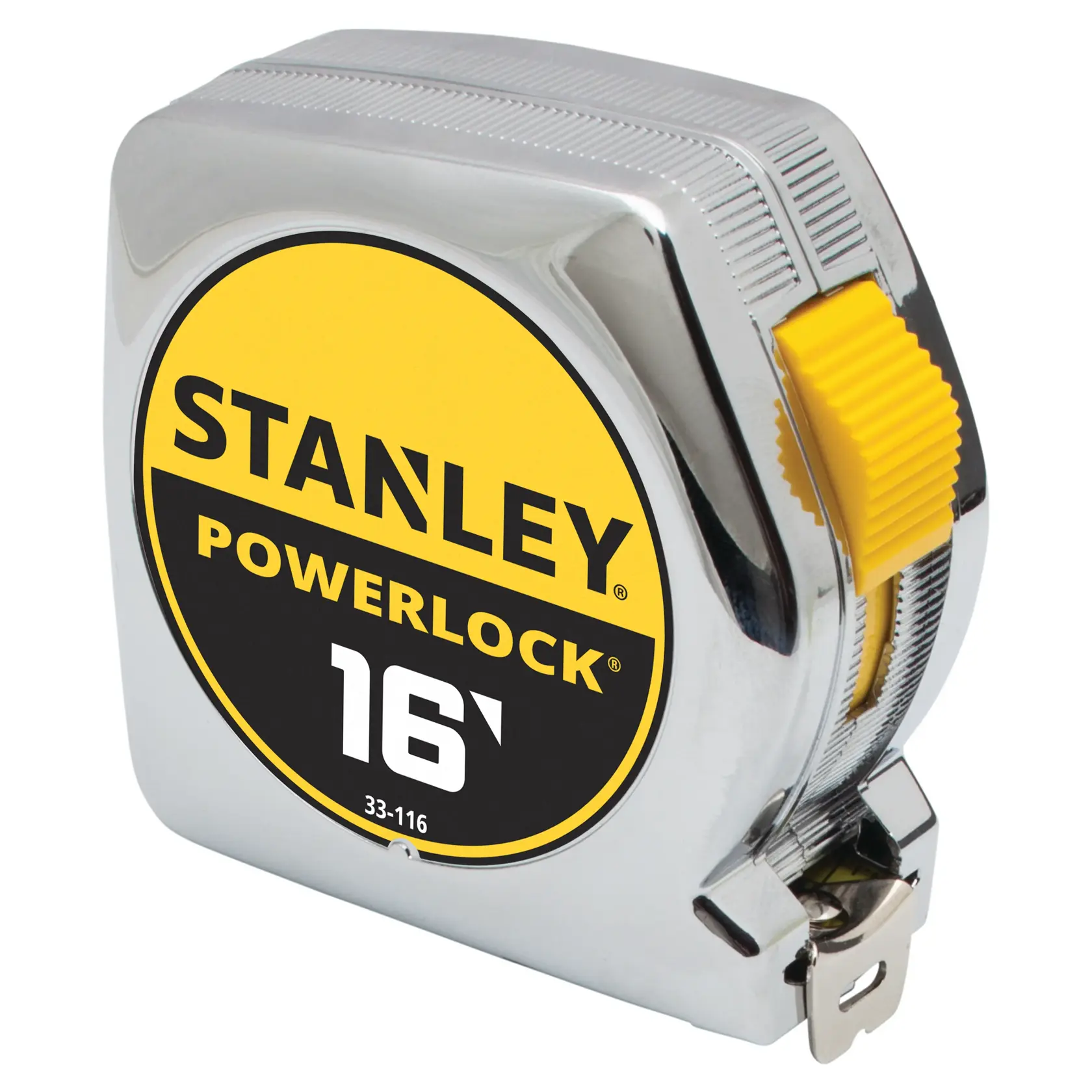 Vista frontal de la cinta métrica cromada STANLEY PowerLock de 16 pies con botón de bloqueo amarillo