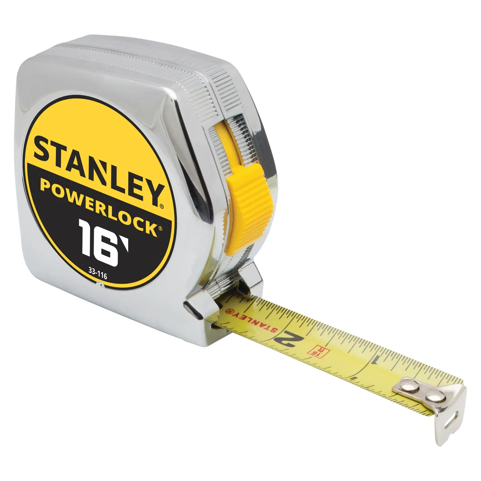 Cinta métrica Stanley PowerLock de 16 pies, cromada con detalles amarillos, vista angular sobre fondo blanco
