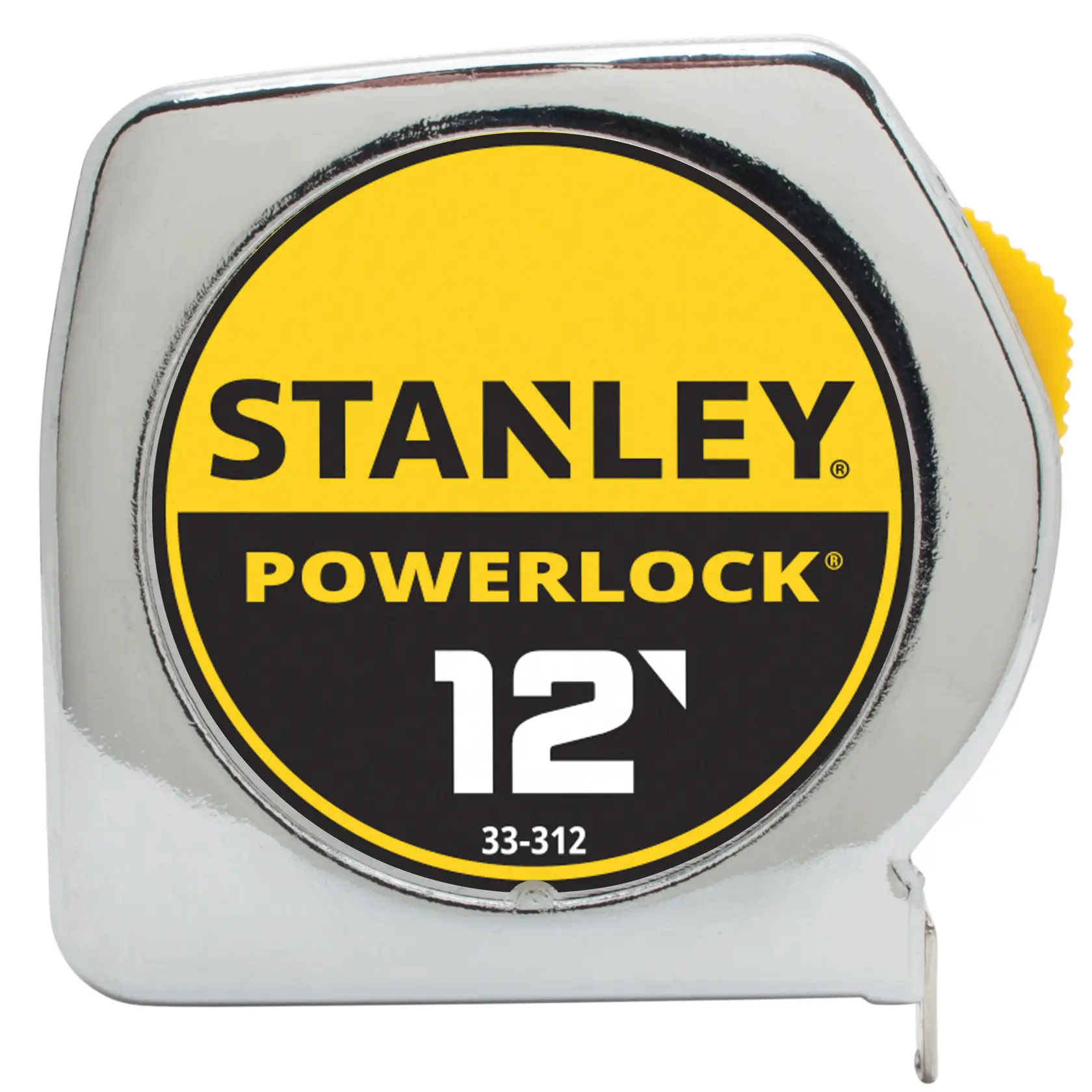 Vista frontal del metro STANLEY PowerLock de 12 pies con acabado cromado y etiqueta amarillo-negro