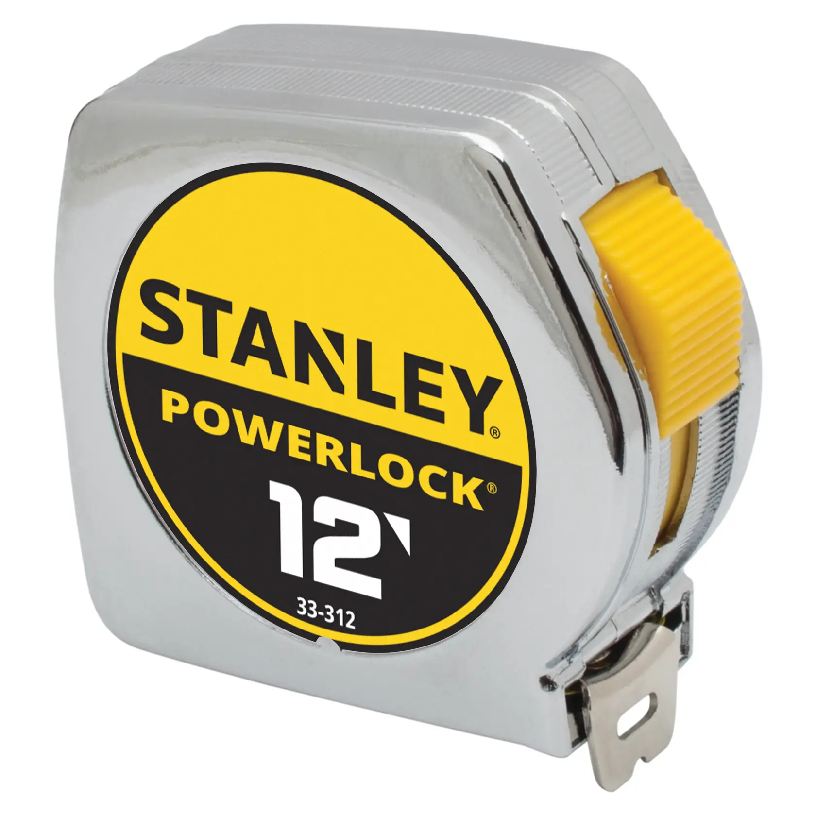 STANLEY PowerLock cinta métrica de 12 pies, acabado cromado, vista frontal en ángulo sobre fondo blanco