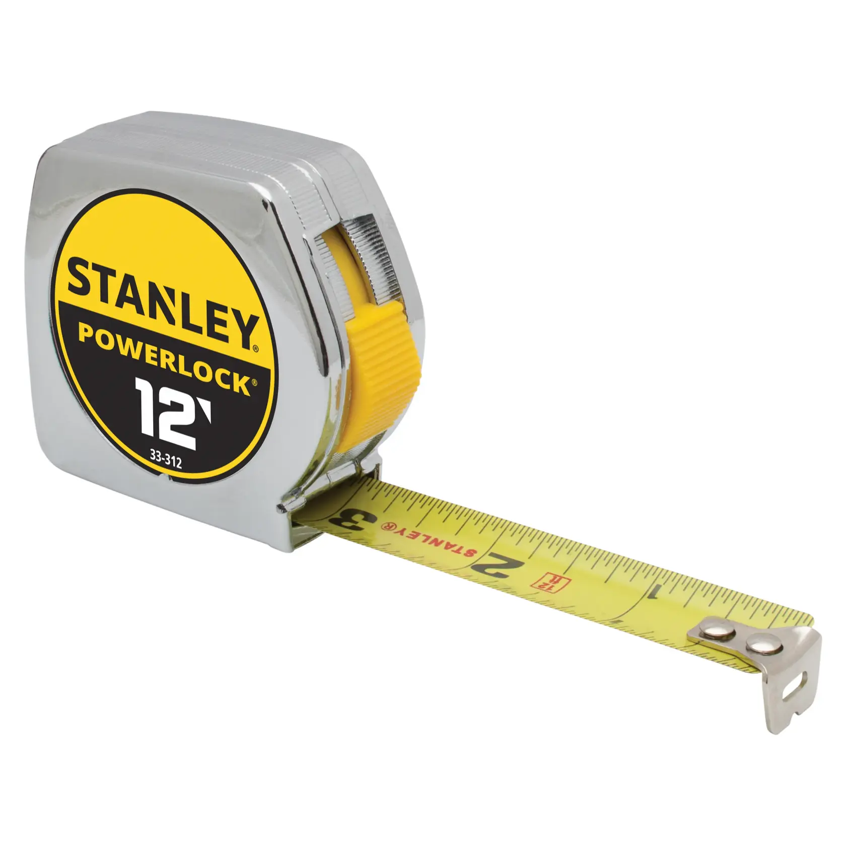 Stanley PowerLock cinta métrica 12 pies, ángulo frontal izquierdo sobre fondo blanco, carcasa metálica botón amarillo