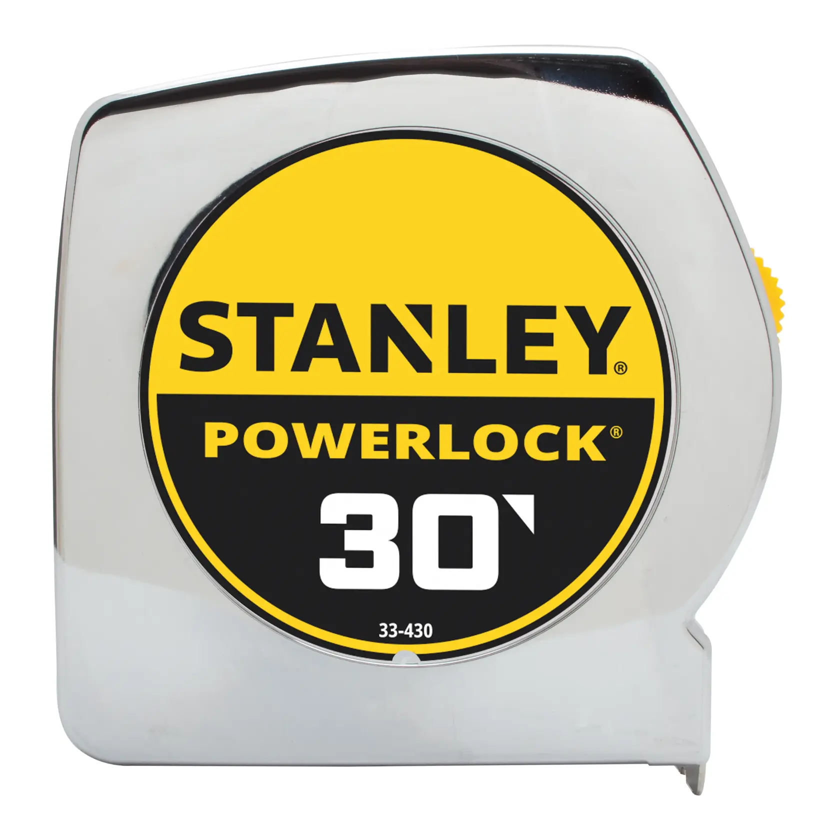 Vista frontal de la cinta métrica STANLEY PowerLock de 30 pies con carcasa cromada y etiqueta amarilla sobre fondo blanco.