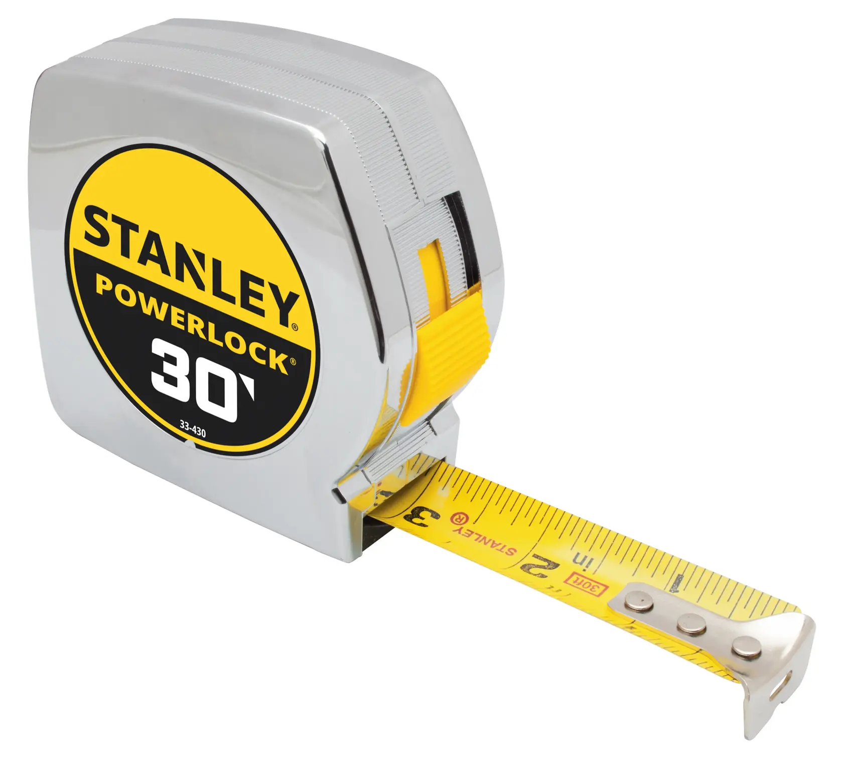 Stanley PowerLock cinta métrica de 30 pies, carcasa cromada, hoja amarilla, ángulo frontal sobre fondo blanco
