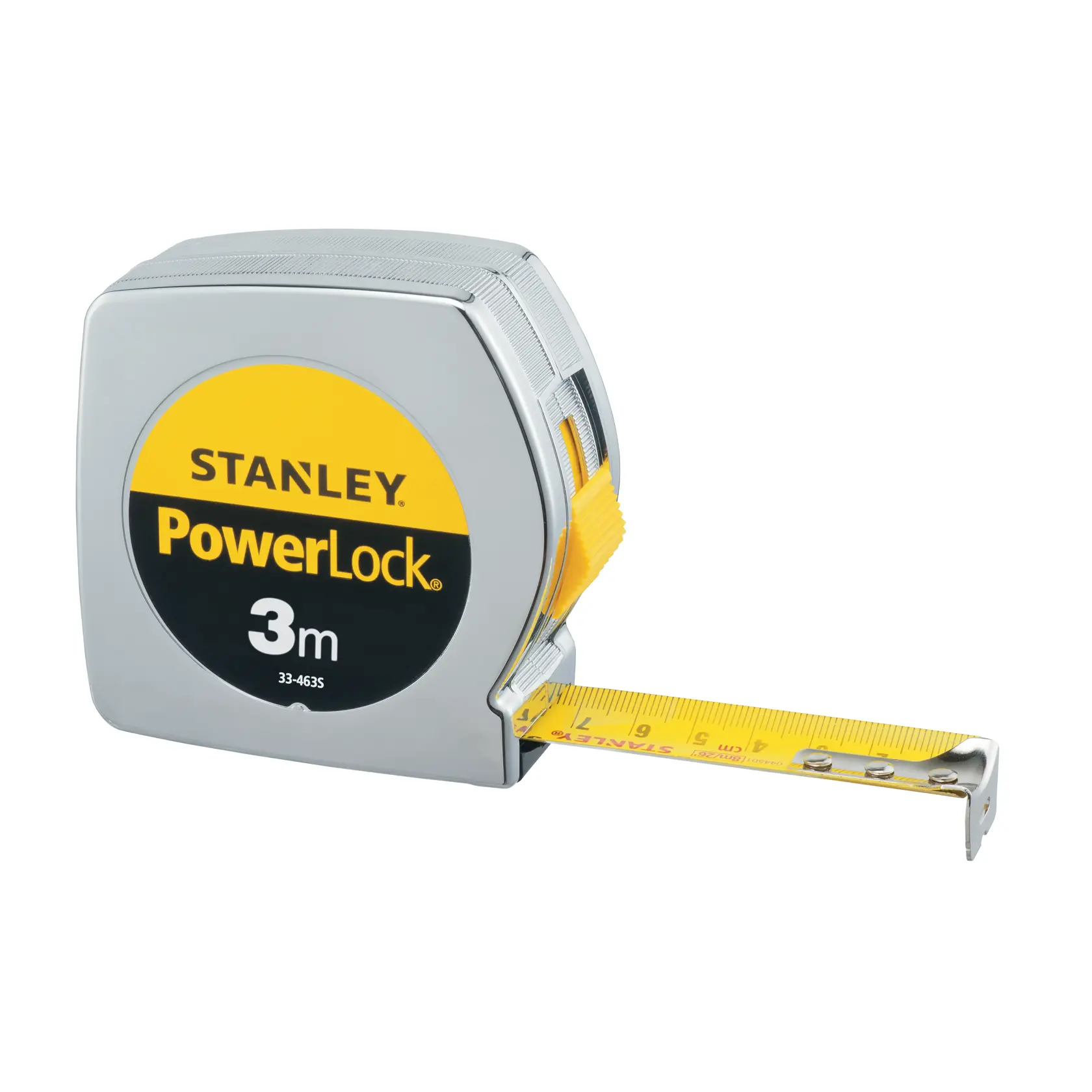 STANLEY 33-463S PowerLock cinta métrica, 3m, plateada y amarilla, ángulo del producto sobre fondo blanco.
