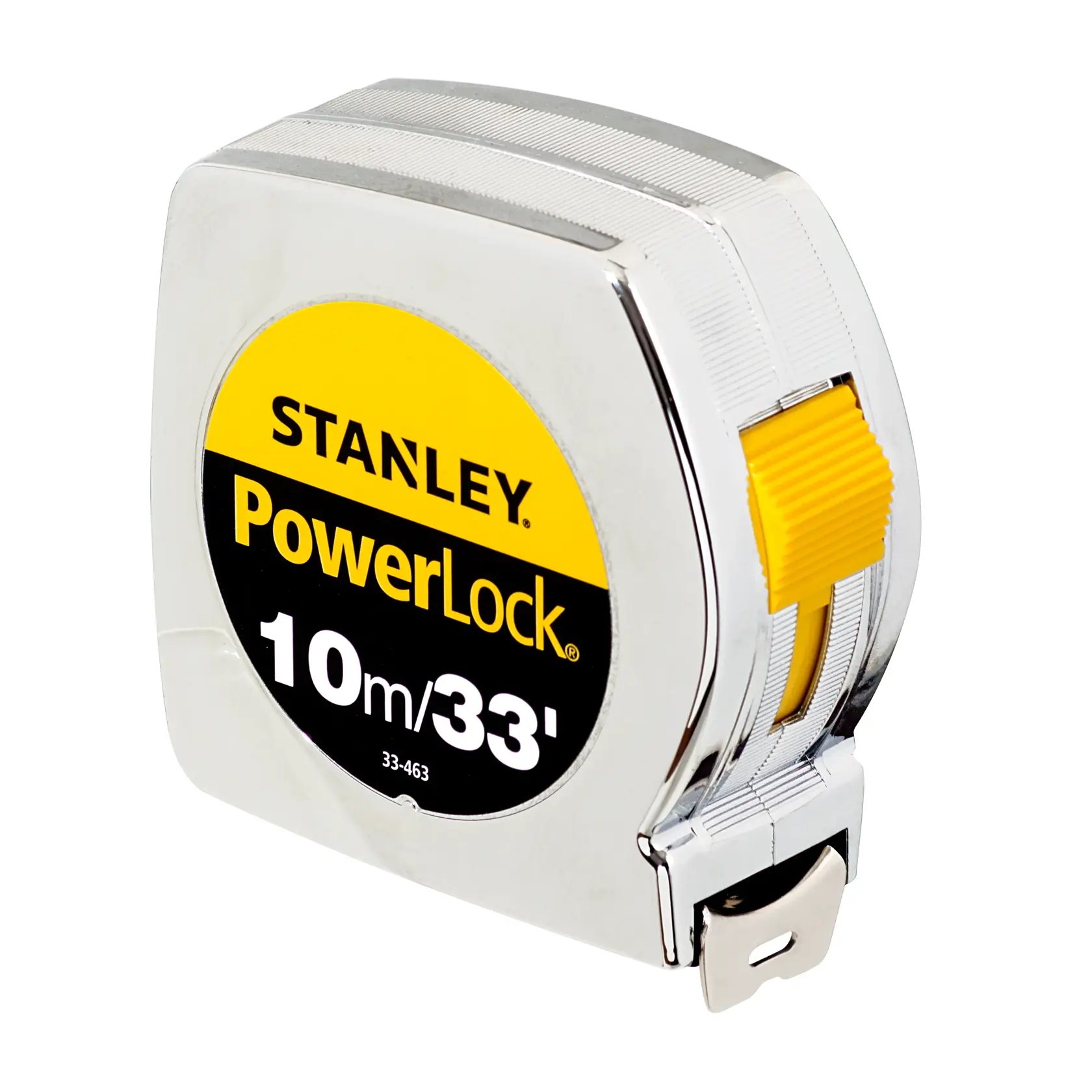 STANLEY 33-463S PowerLock cinta métrica, cuerpo cromado con etiqueta amarilla y negra, foto de ángulo frontal.