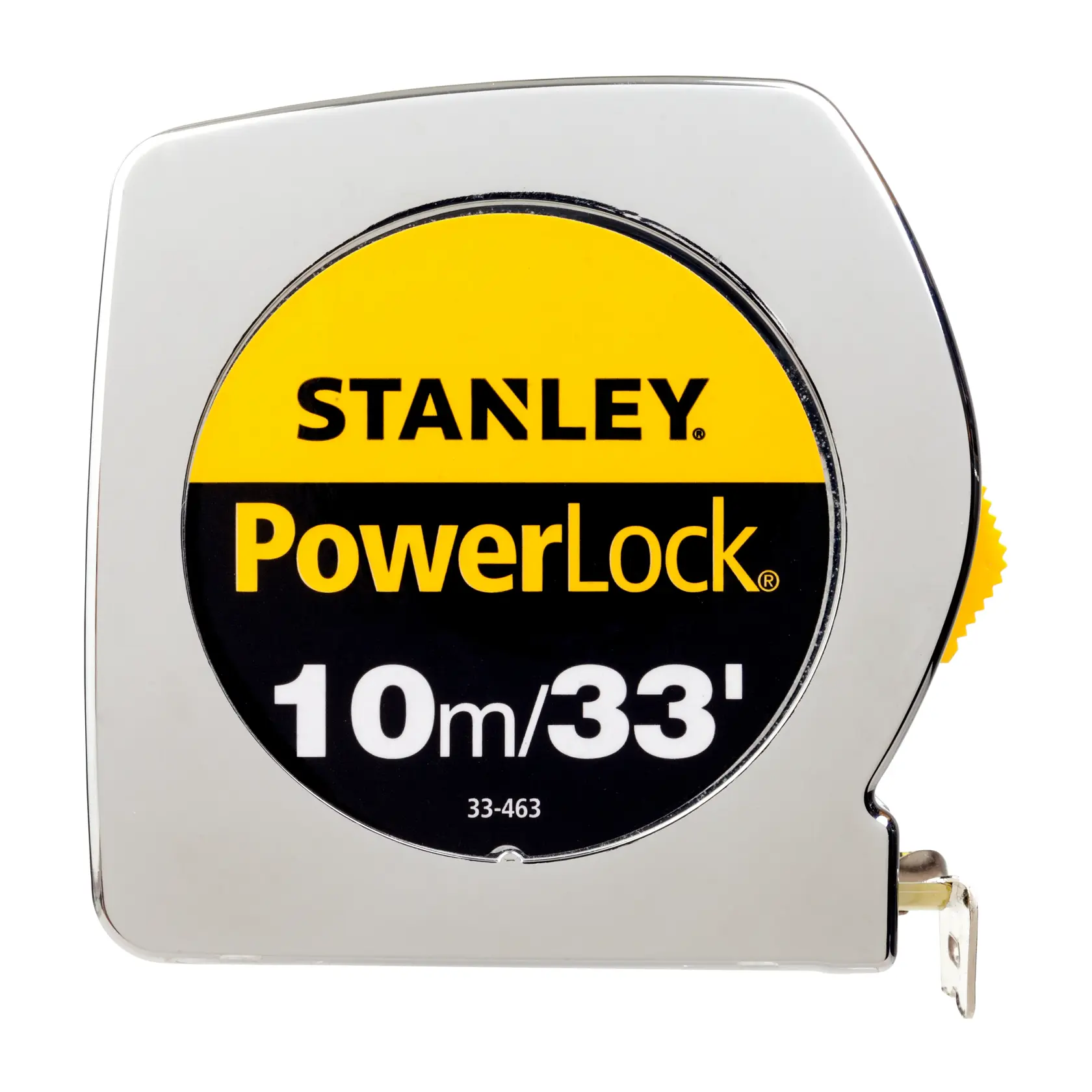 Stanley 33-463S cinta métrica, serie PowerLock, 10m/33ft, carcasa plateada, ángulo frontal sobre fondo blanco.