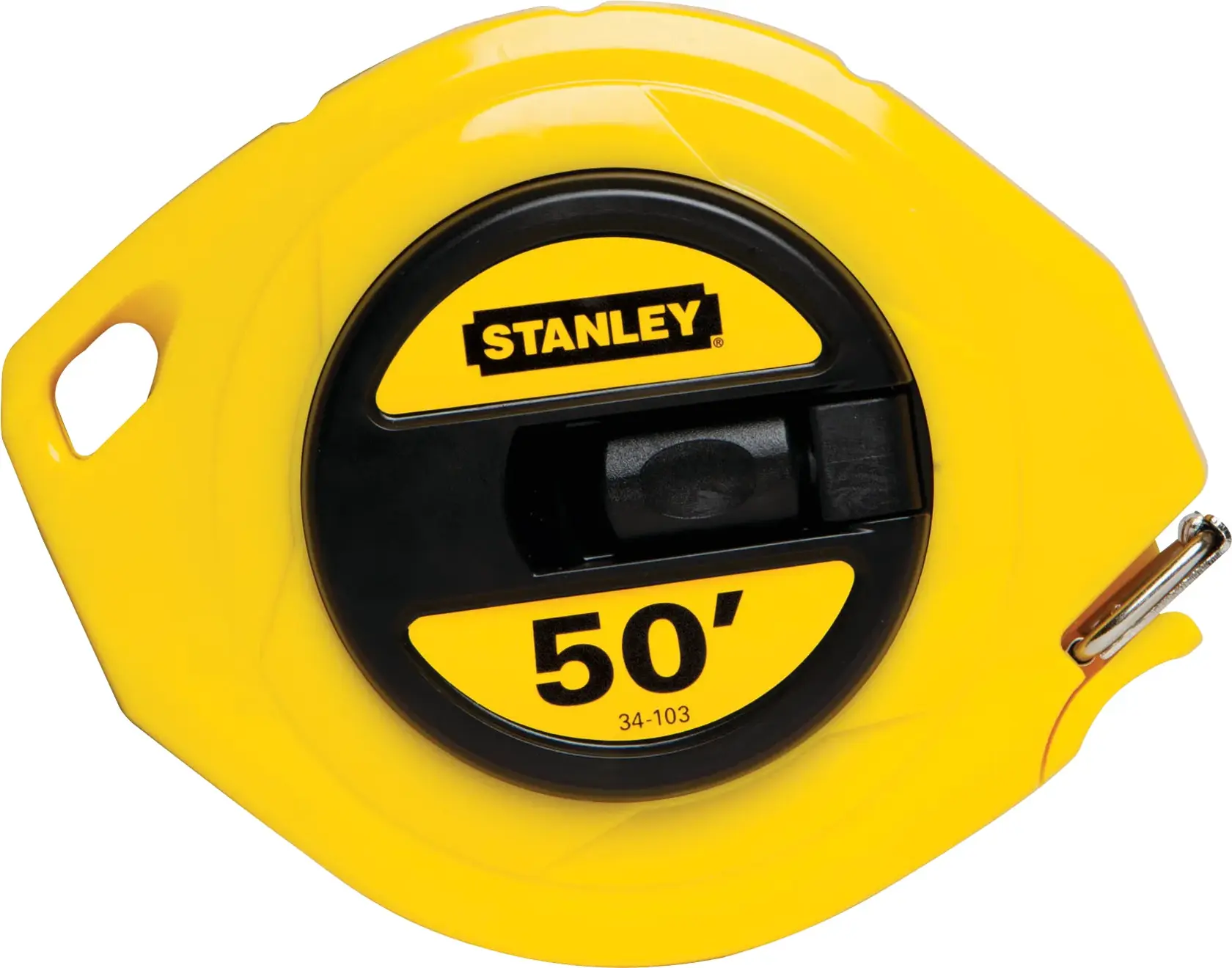 Stanley 34-103 cinta de medir de 50 pies, carcasa amarilla y negra, fotografía de producto, vista frontal.
