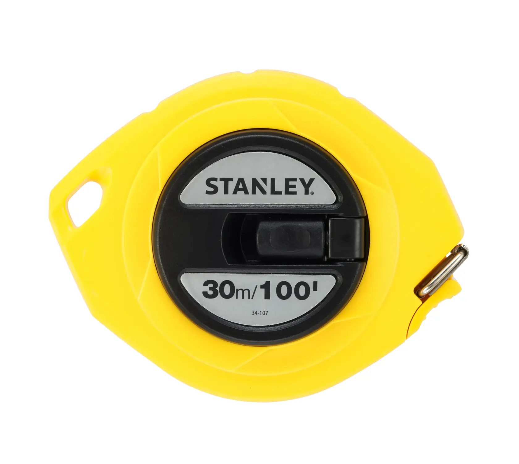 Un carrete de cinta métrica Stanley amarillo con una indicación de longitud de 30 metros (100 pies), diseñado para medir largas distancias.