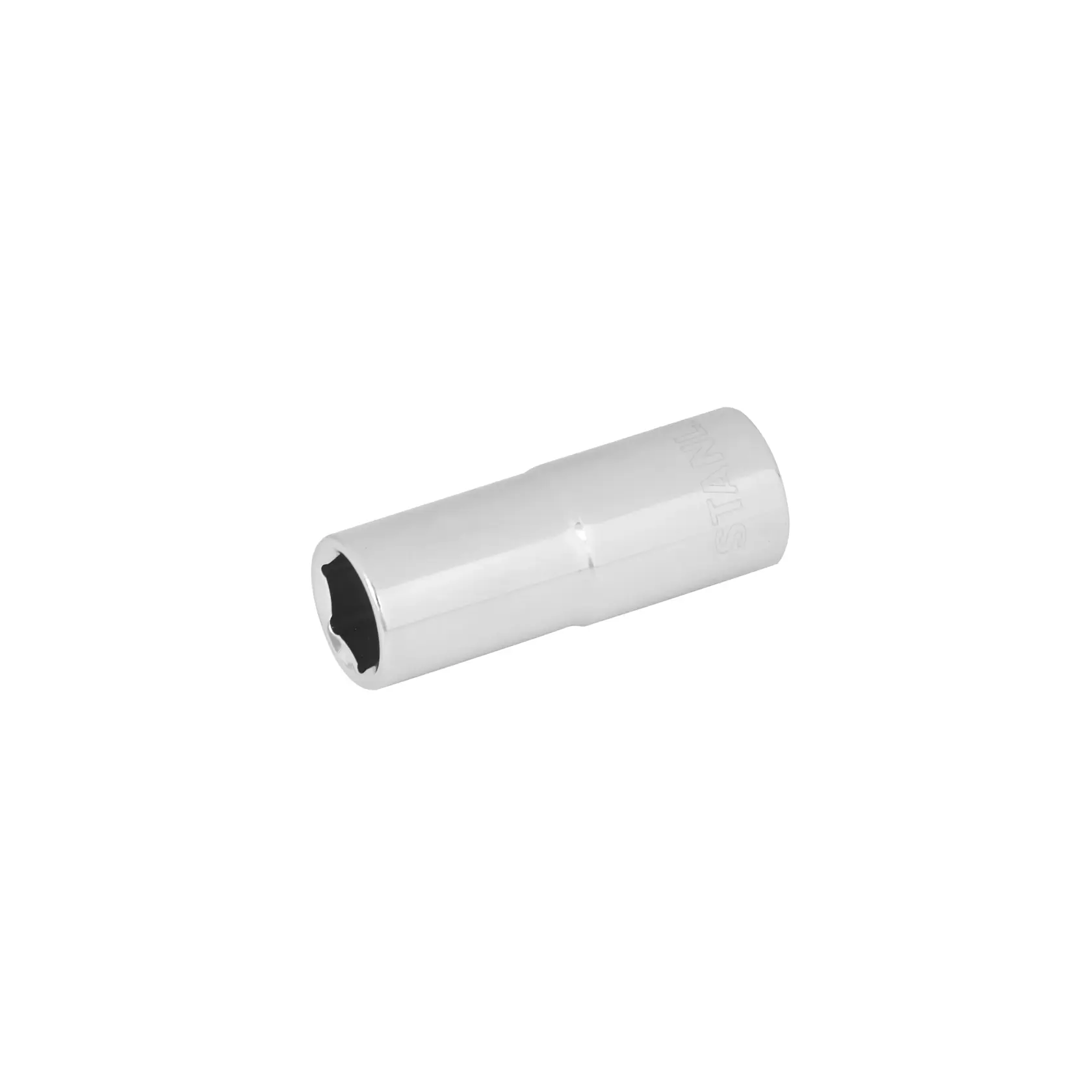 STANLEY 4-86-323 dado largo cromado, vista lateral en ángulo, fondo blanco, accesorio de herramienta manual.