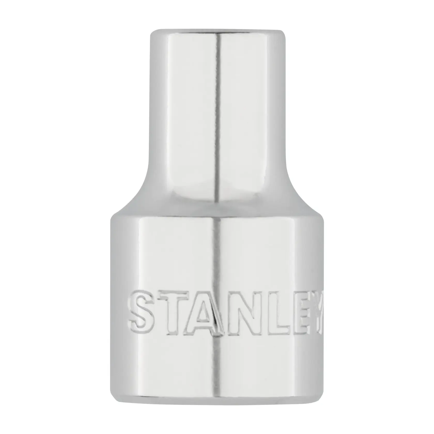 Adaptador de dado cromado STANLEY 4-86-509, vista frontal en primer plano, fondo blanco.