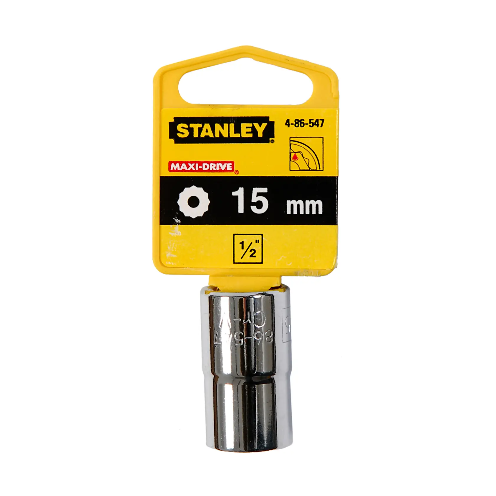 Foto del vaso de 15 mm STANLEY 4-86-547, acabado cromado, con empaque amarillo y negro, vista frontal.