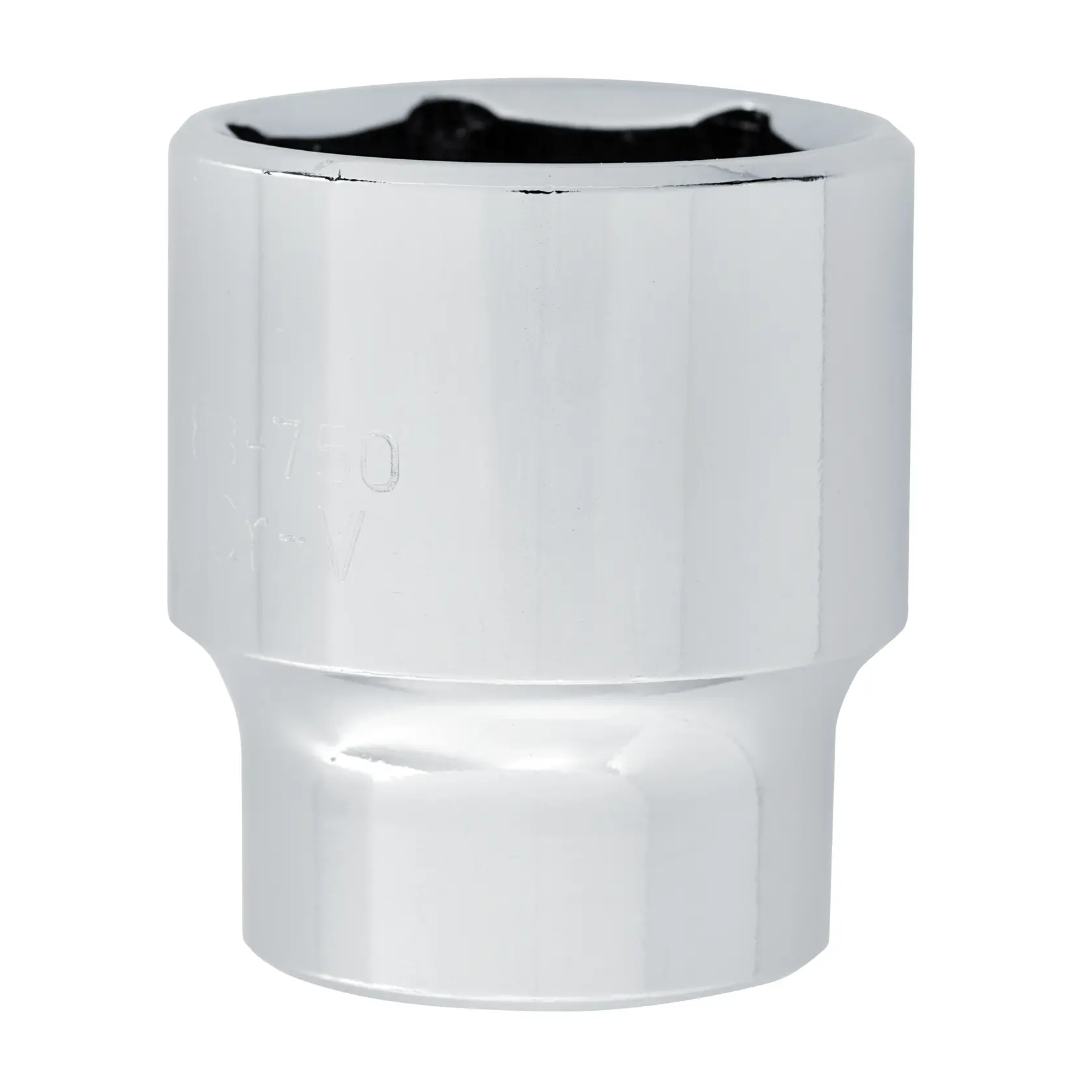 STANLEY 4-88-750 dado cromado, mostrado en posición vertical sobre fondo blanco, utilizado para apretar tuercas y tornillos.