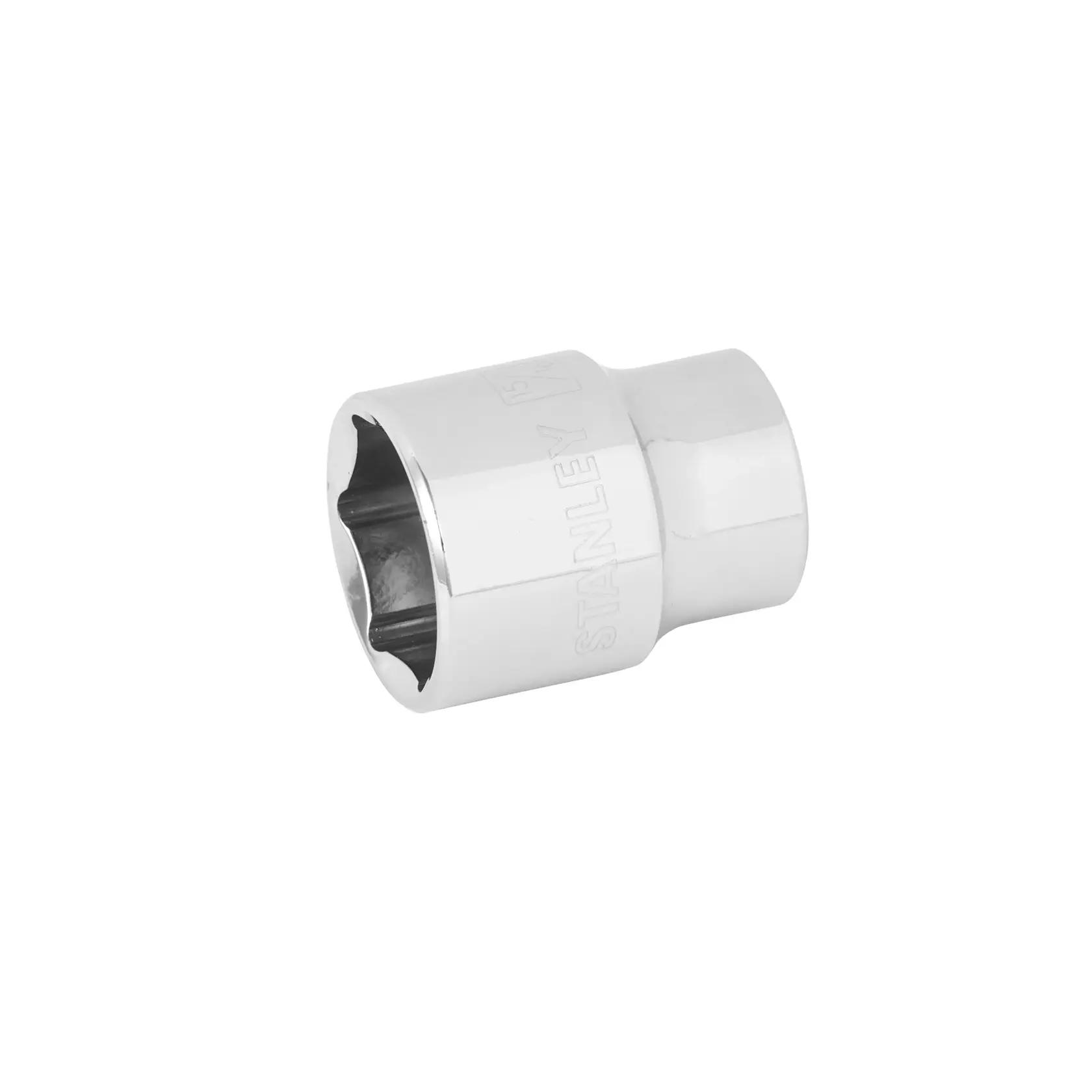 STANLEY 4-88-771 vaso cromado, fotografía de una sola herramienta vaso hexagonal en ángulo sobre fondo blanco.