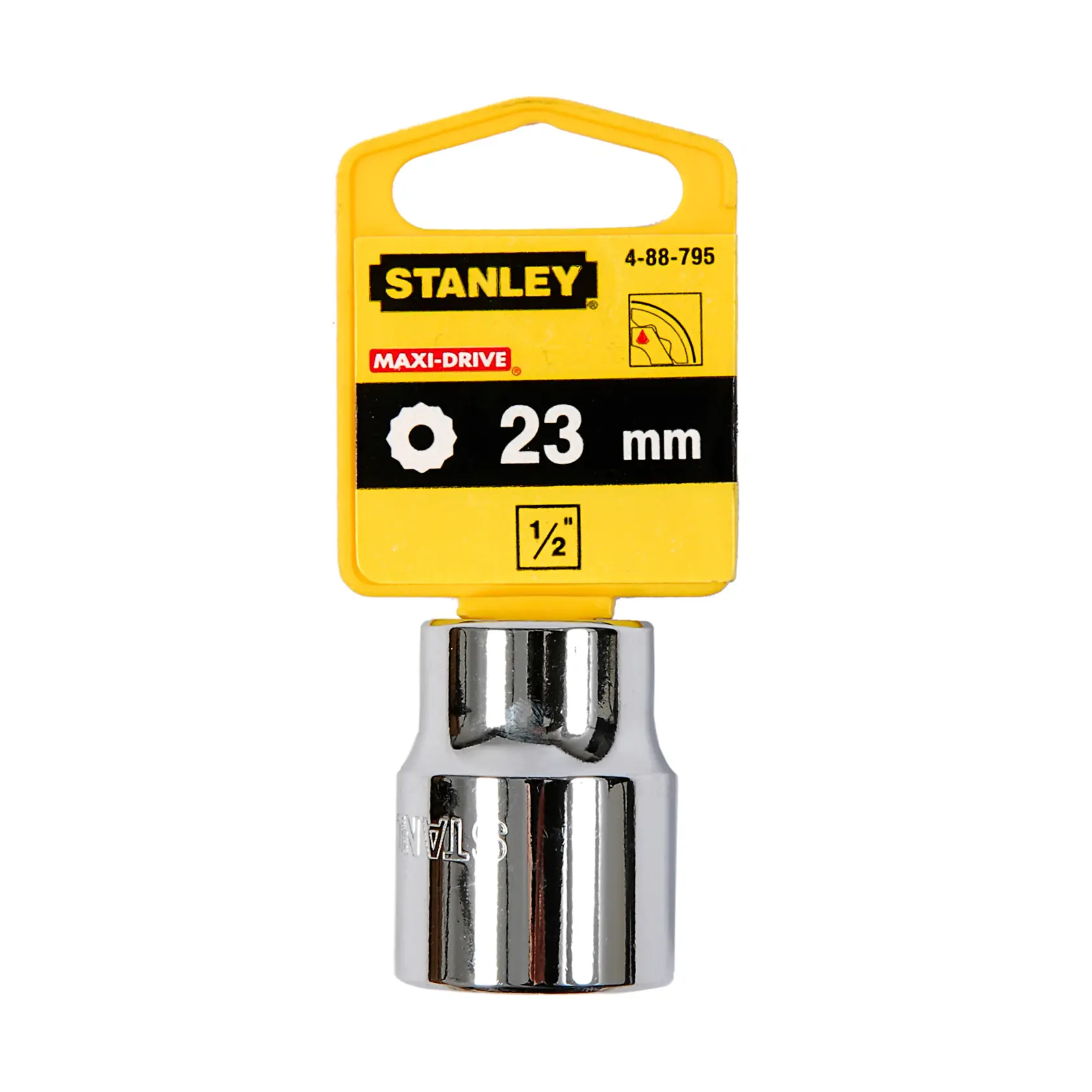 STANLEY 4-88-795 dado de 23mm, acabado cromado, ángulo frontal sobre fondo blanco, accesorio de herramienta manual.