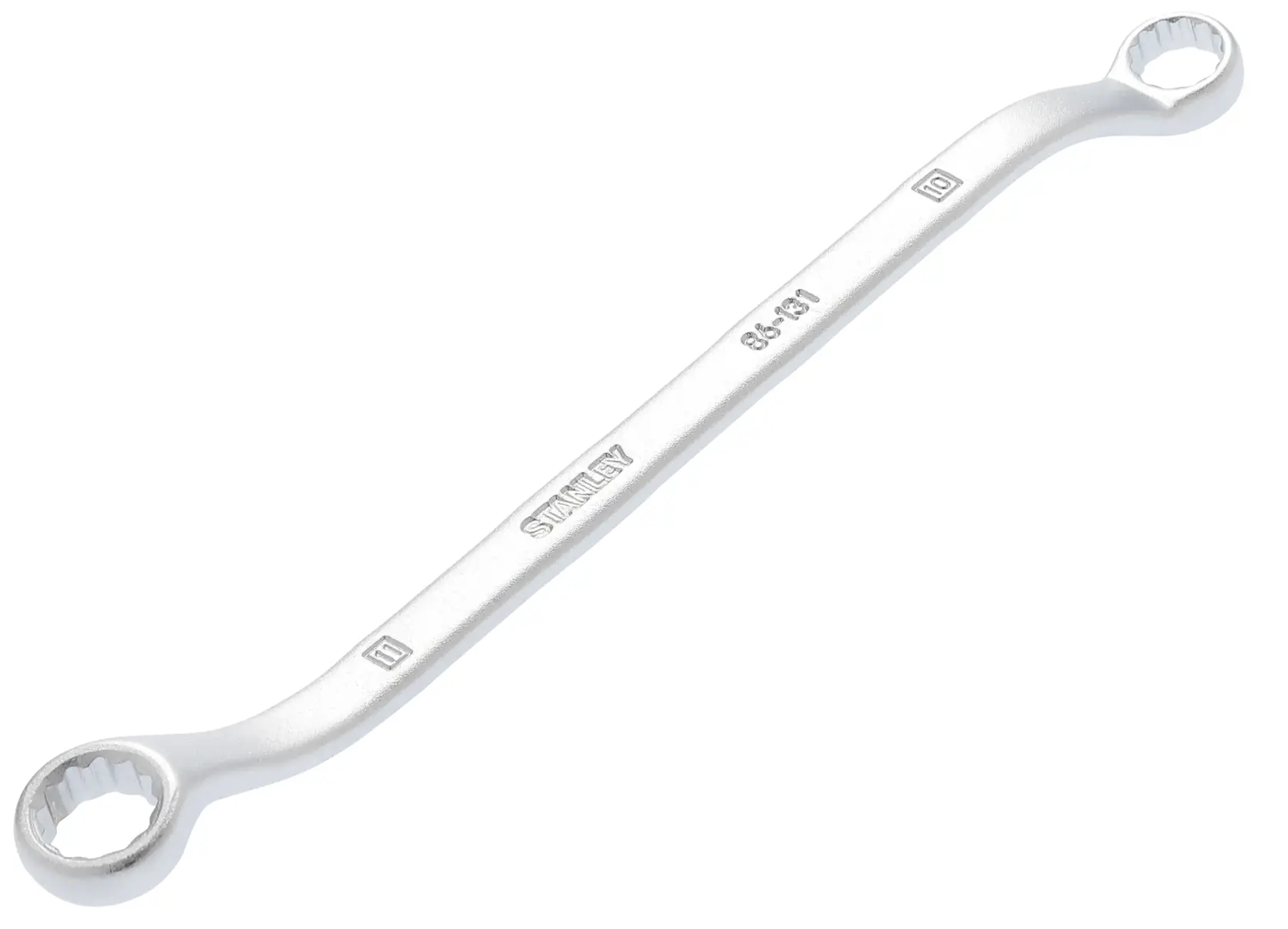 Llave de boca cerrada doble STANLEY 86-131, plateada, vista en ángulo, dos extremos de tamaño diferente, fondo blanco.
