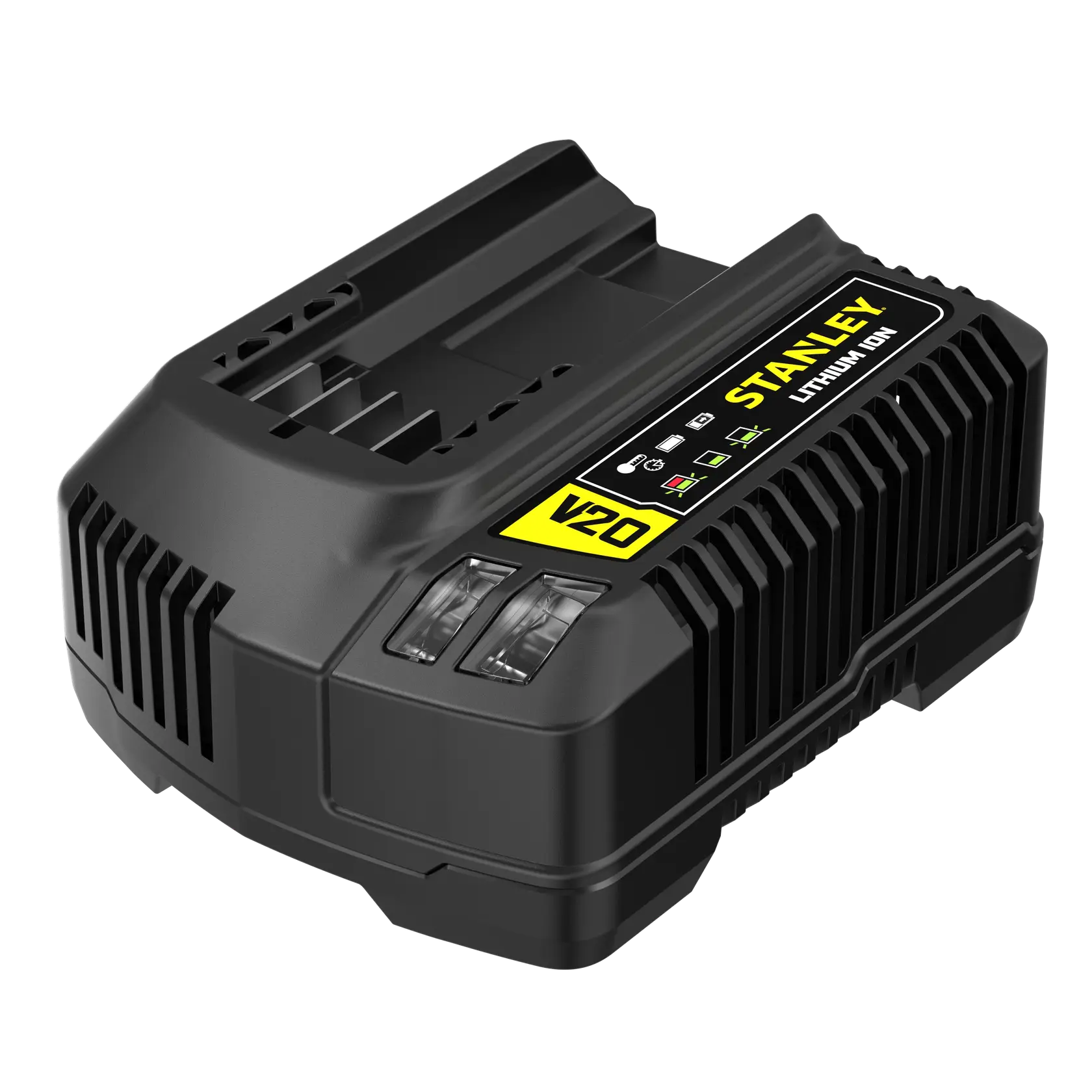 Cargador de batería STANLEY SC200 negro, V20 Lithium Ion, fotografía de producto en ángulo sobre fondo blanco.