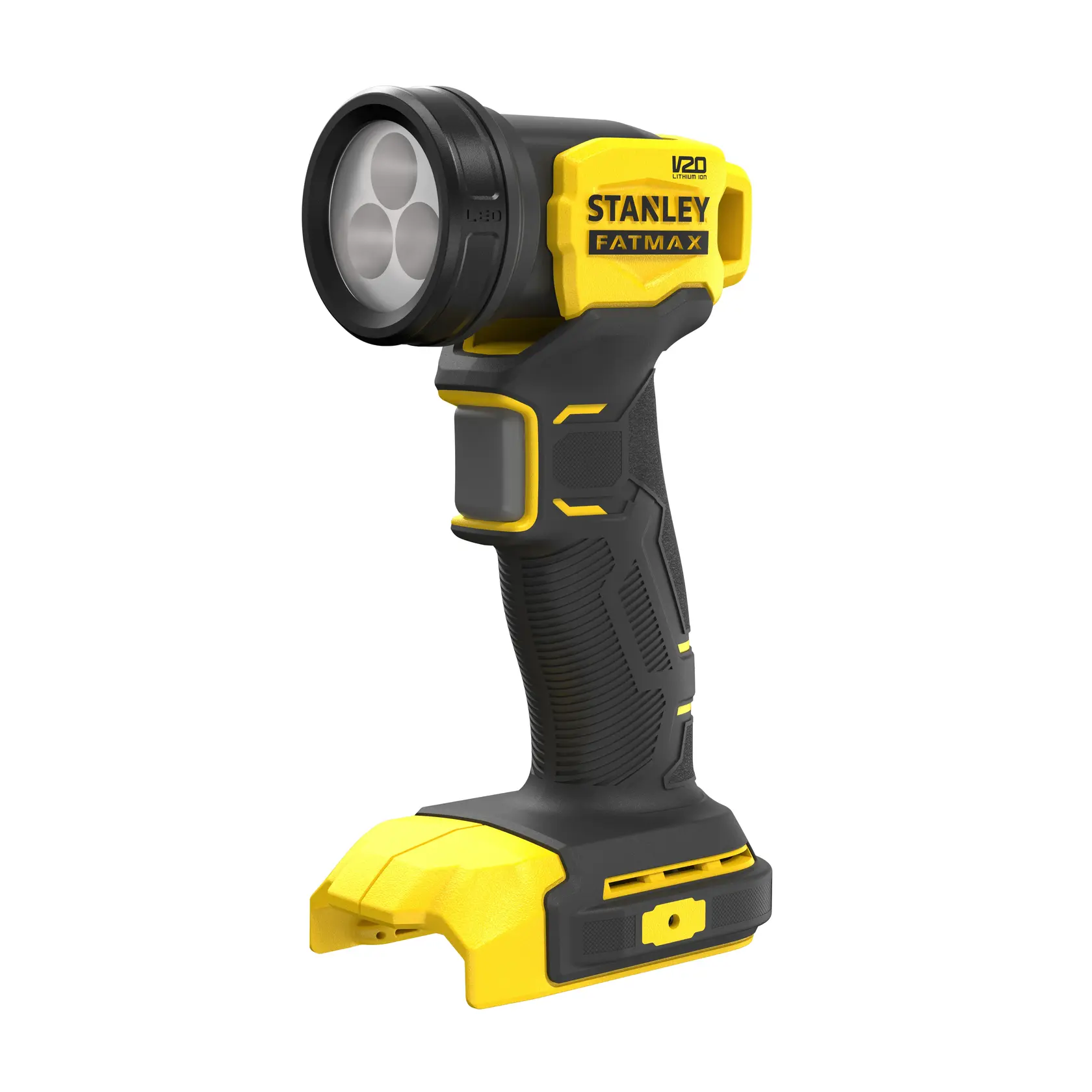 Linterna LED inalámbrica STANLEY SCL020, negra y amarilla, ángulo frontal izquierdo sobre fondo blanco.