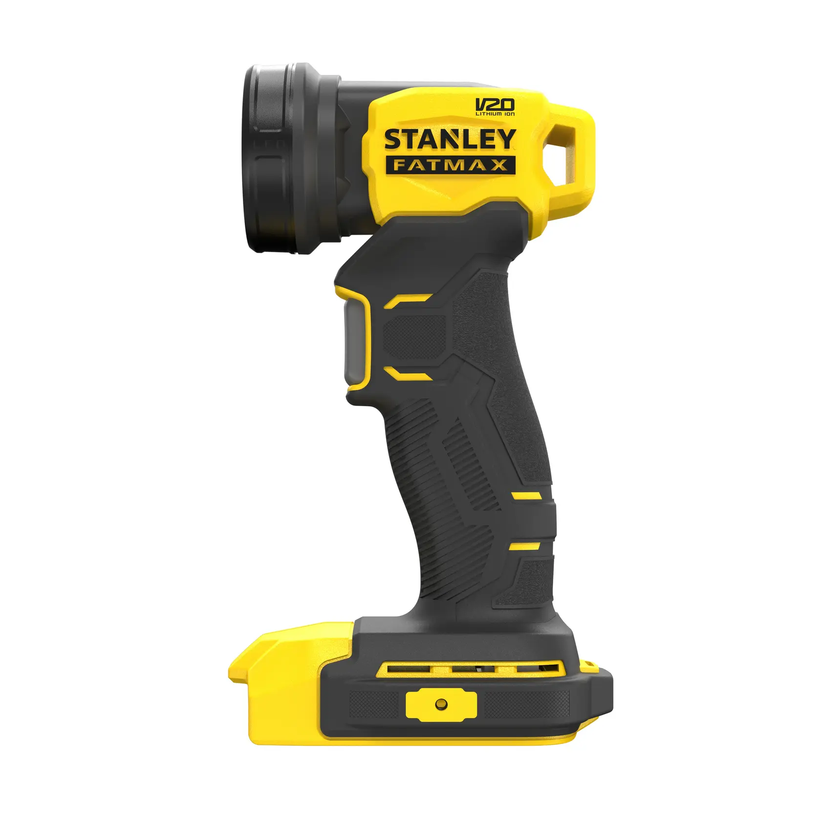 Lámpara de trabajo LED STANLEY SCL020 portátil, amarilla y negra, vista lateral izquierda sobre fondo blanco.
