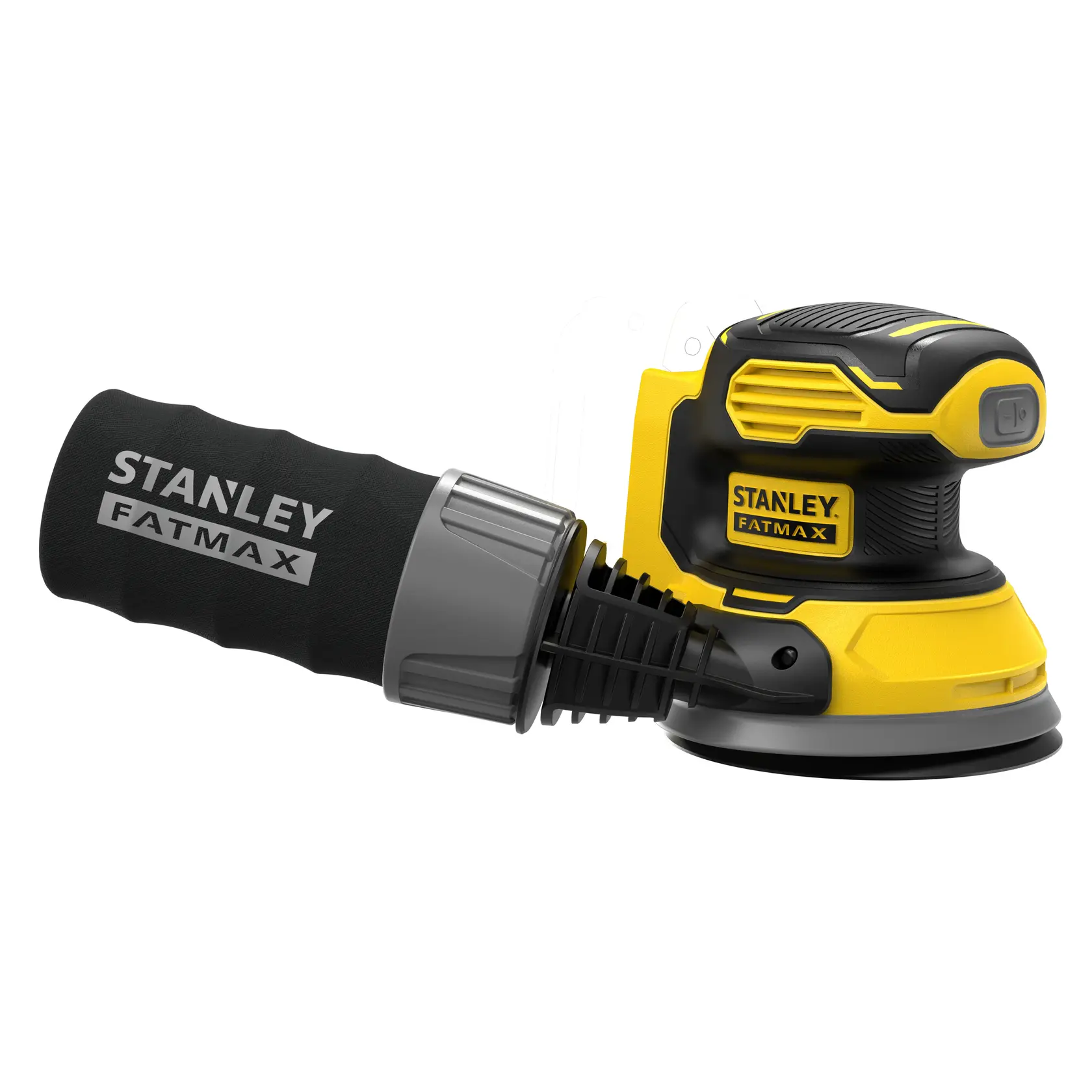 Lijadora inalámbrica STANLEY SCS220-B2 negra y amarilla vista lateral con bolsa de recolección de polvo grande adjunta.