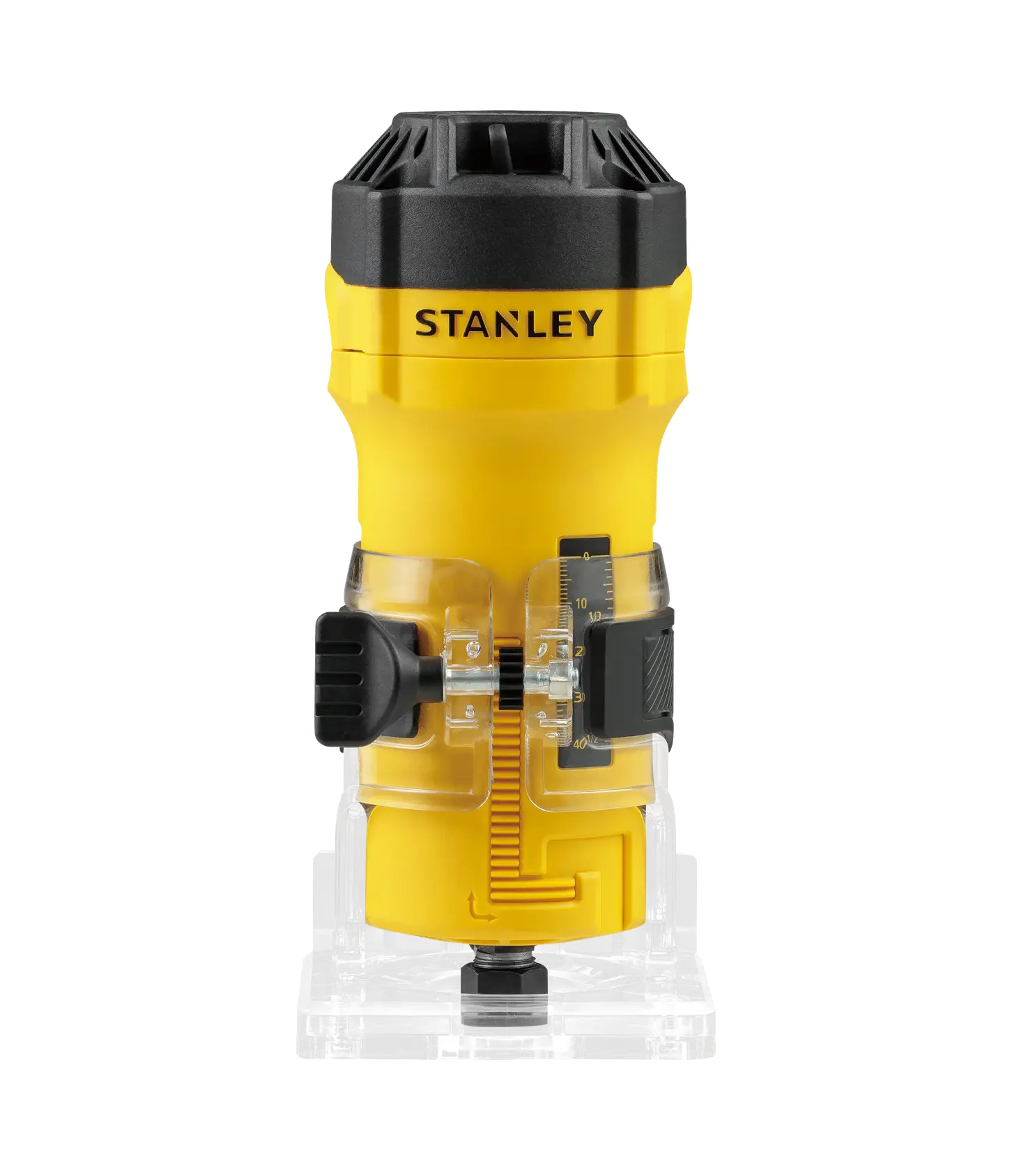 STANLEY ST55-B2 fresadora amarilla compacta vista frontal sobre fondo blanco.