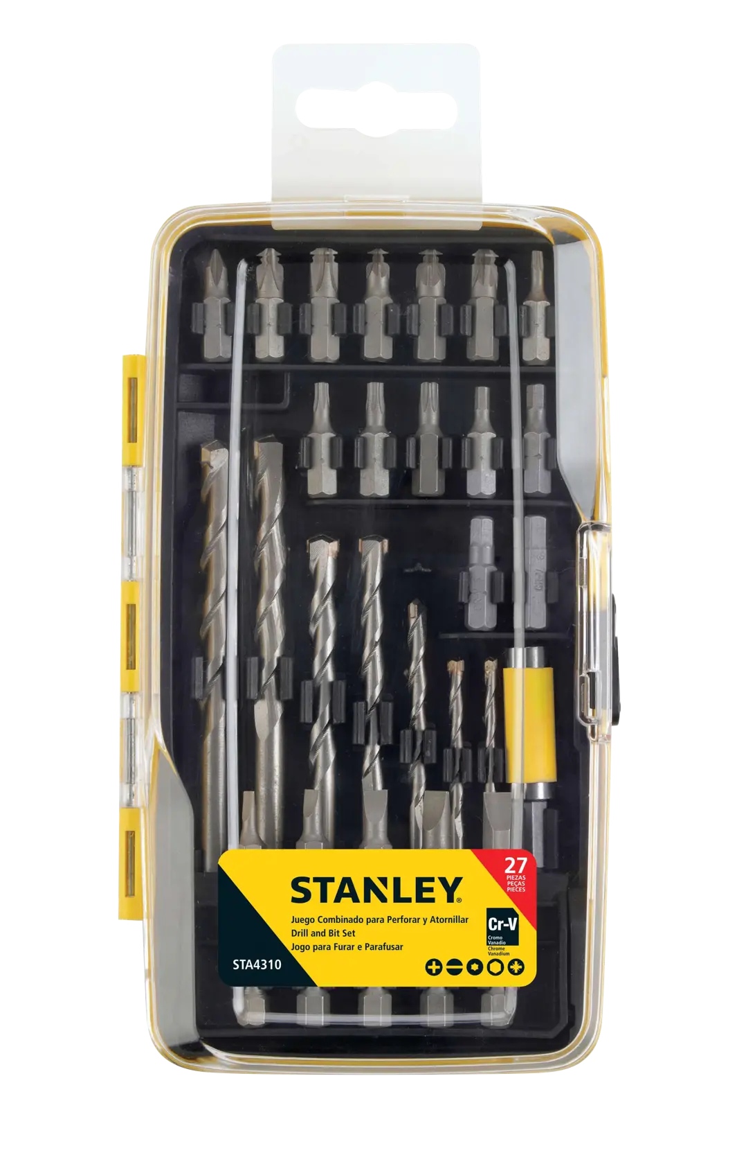 Stanley STA4310 juego de brocas y puntas en estuche plástico negro y amarillo, vista frontal, fotografía de producto.