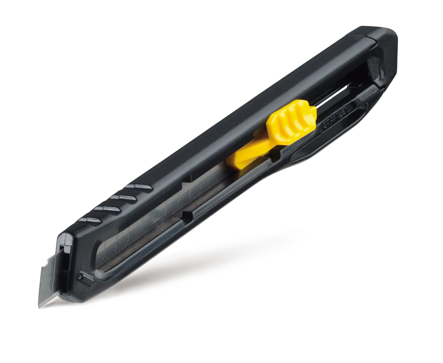 STANLEY STHT10322-840 cuchillo utilitario, cuerpo negro con deslizador amarillo, ángulo lateral, fotografía
