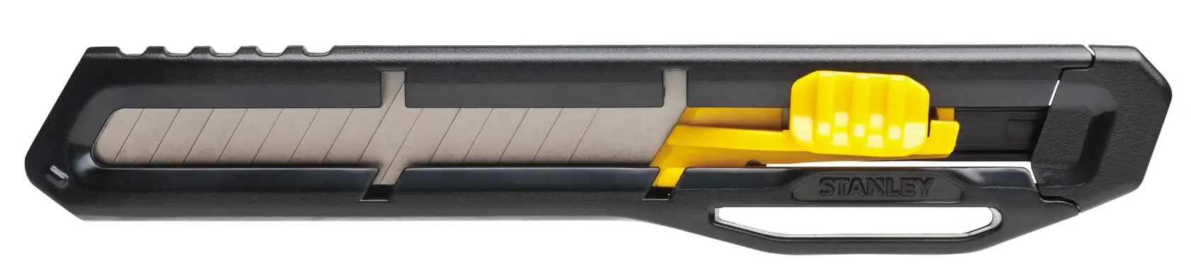 STANLEY STHT10323-840 cuchillo utilitario, negro y amarillo, vista lateral, hoja segmentada y mango ergonómico.