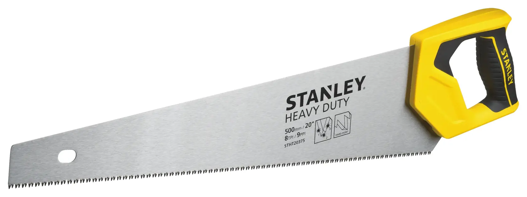 Sierra manual Stanley STHT20375-LA con mango amarillo y negro, hoja resistente, vista frontal sobre fondo blanco.