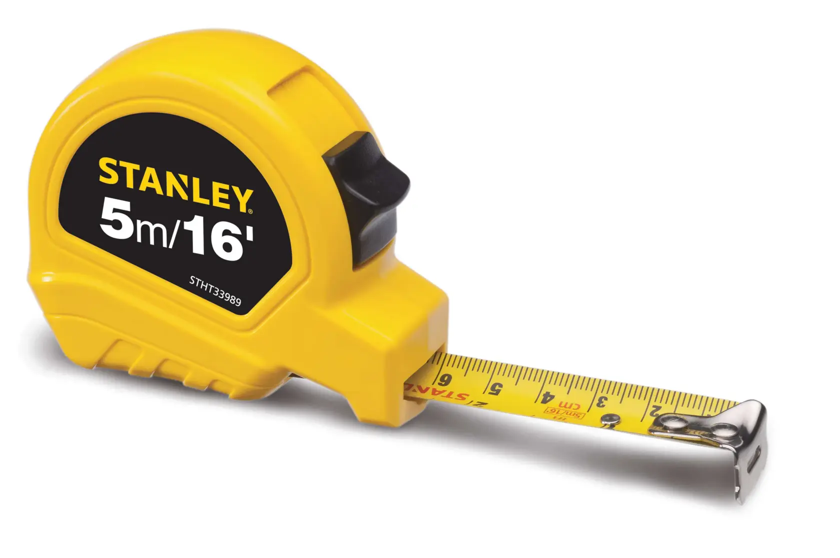 STANLEY STHT33989-840 cinta métrica amarilla, 5m/16ft, vista lateral sobre fondo blanco.