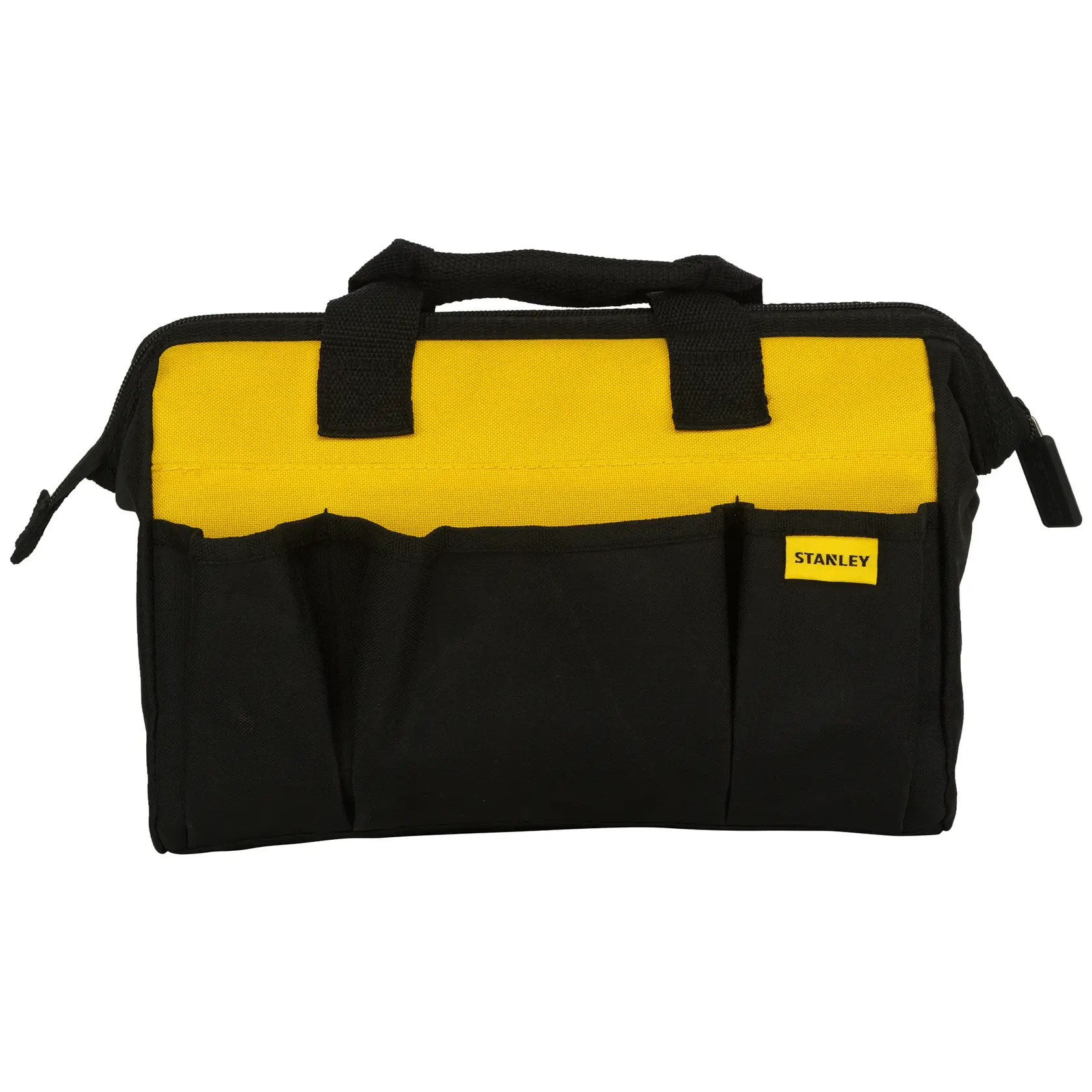 Bolsa de herramientas Stanley negra y amarilla con asas y bolsillos exteriores para organizar herramientas.