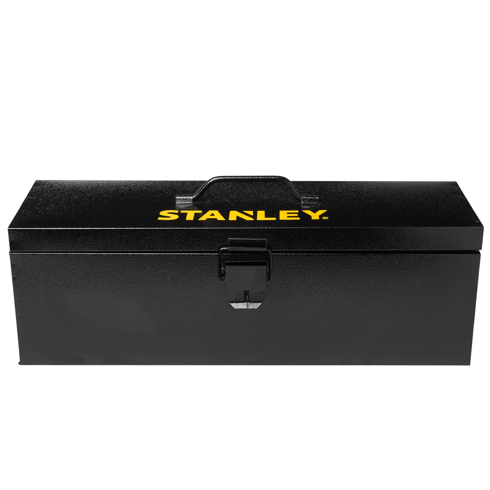 Caja de herramientas metálica negra STANLEY STST98726LA con asa y cerradura frontal, vista frontal sobre fondo blanco.