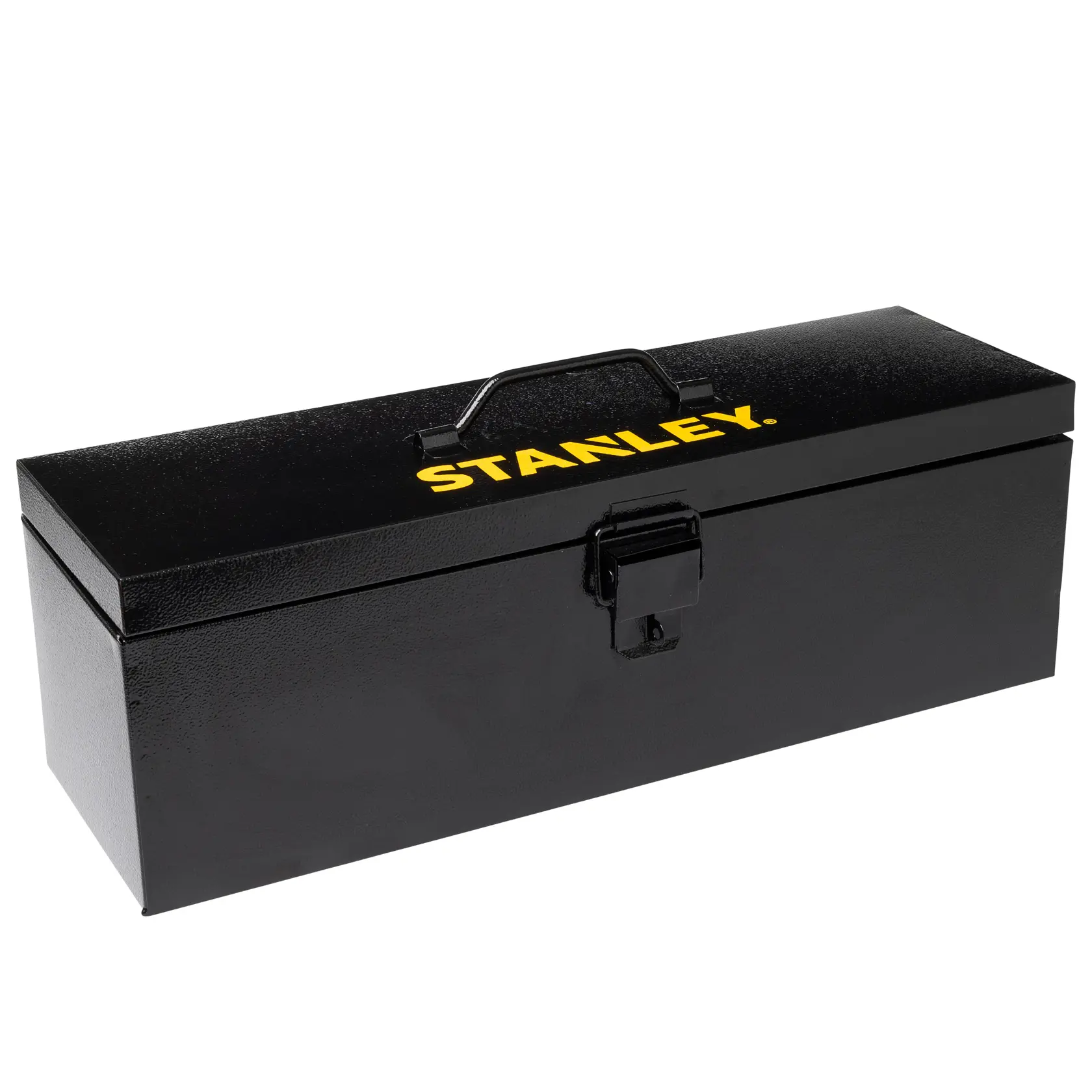 STANLEY STST98726LA caja de herramientas metálica negra con logo amarillo, cierre de pestillo y asa superior, vista en ángulo.