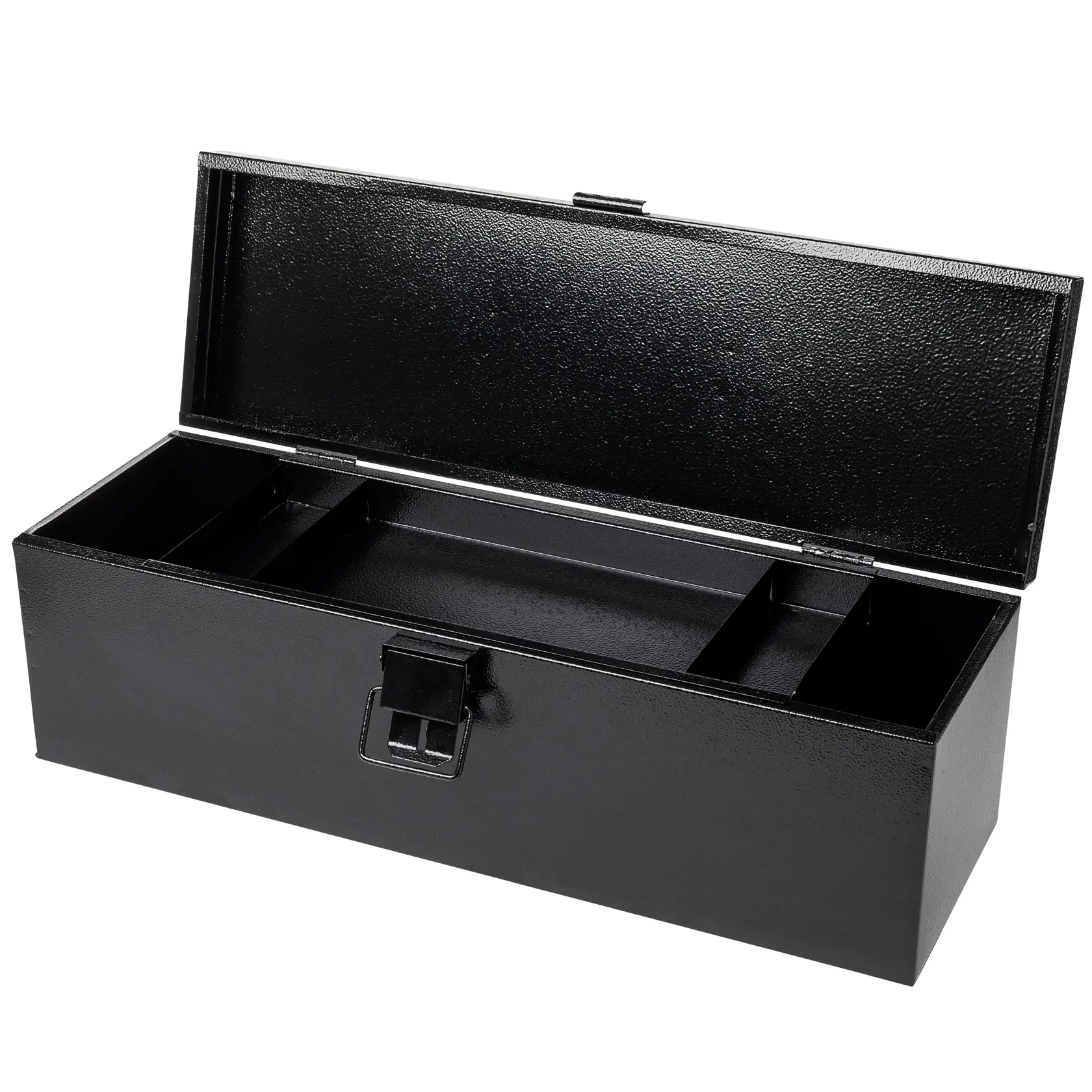 STANLEY STST98726LA caja de herramientas de metal negra con interior dividido, tapa abierta, vista en ángulo sobre fondo blanco.